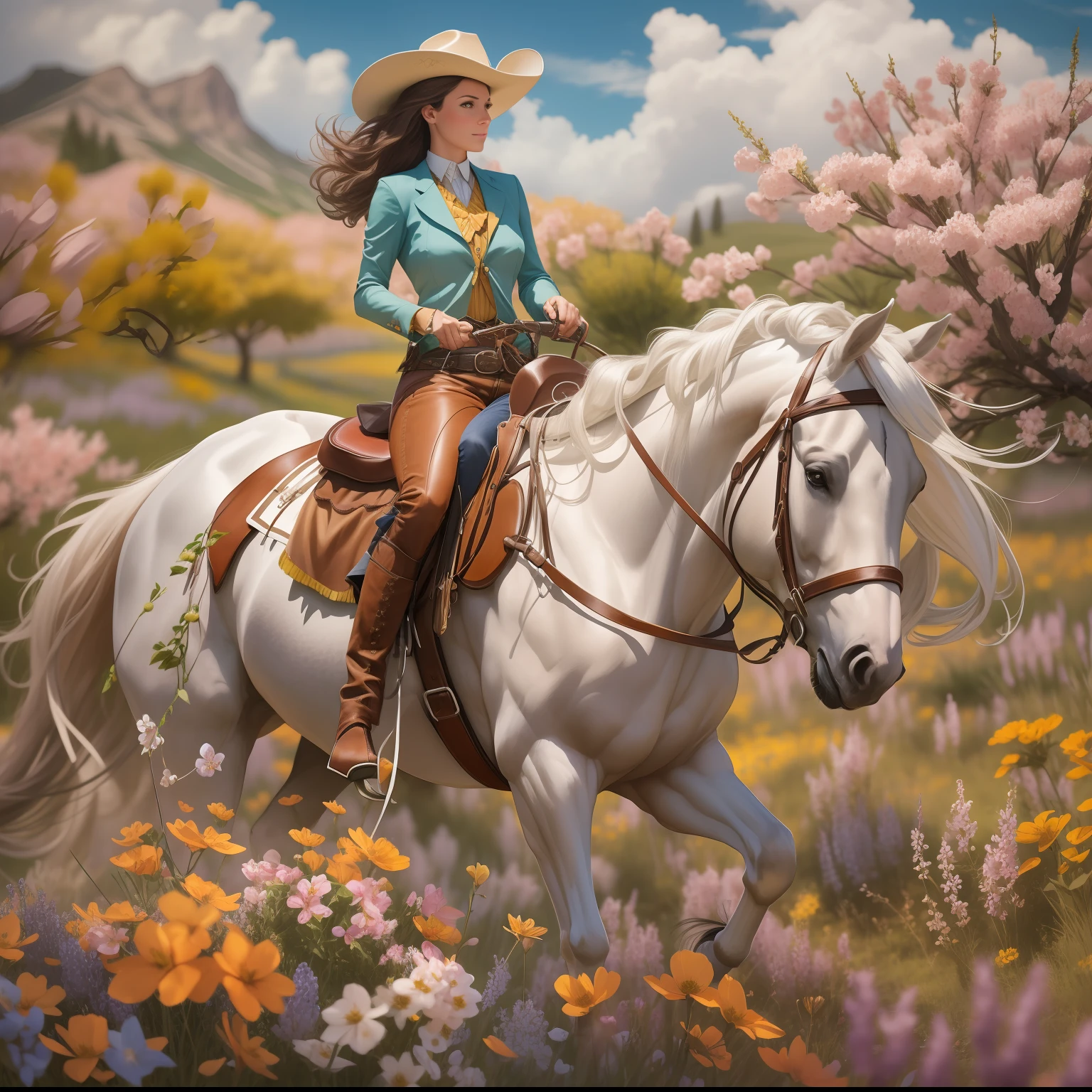 "An exquisitely detailed and lifelike portrait of a cowgirl elegantly mounted on a distinctive horse, traversing a picturesque meadow adorned with vibrant blossoms."