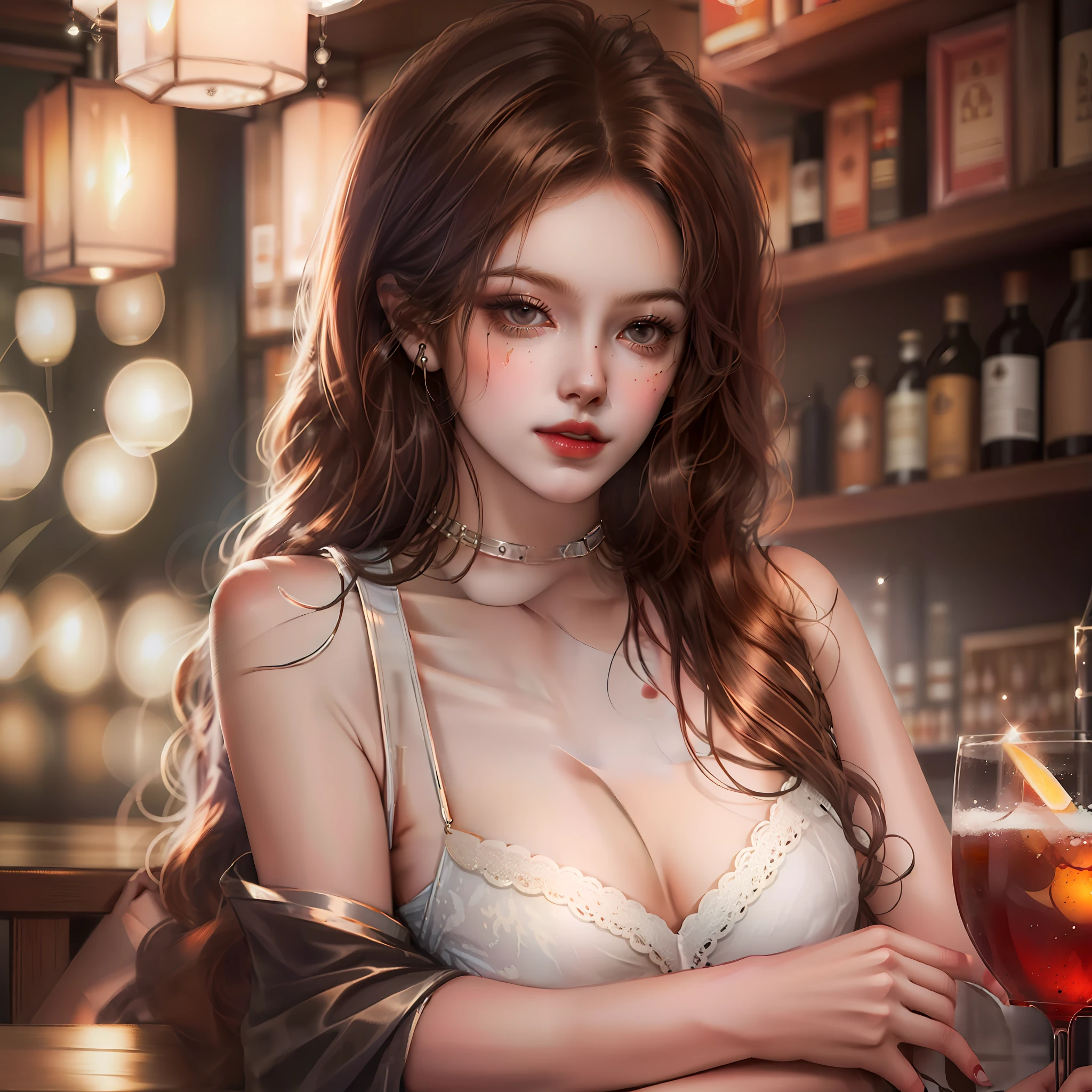 Award winning professional photograph of a very hot and beautiful young woman big sitting in a bar and bar table in her background, she has crossed arms and looks beautiful.