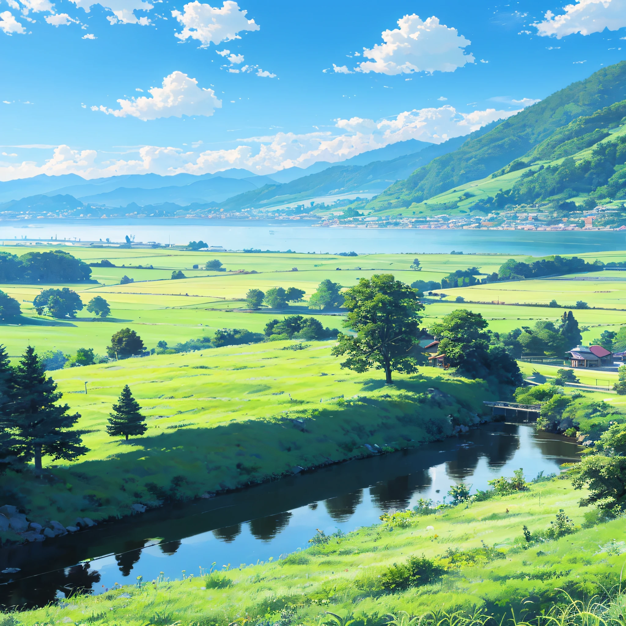 scenecy，grass field，Vast，blue-sky，baiyun，Anime style，Brilliant --auto