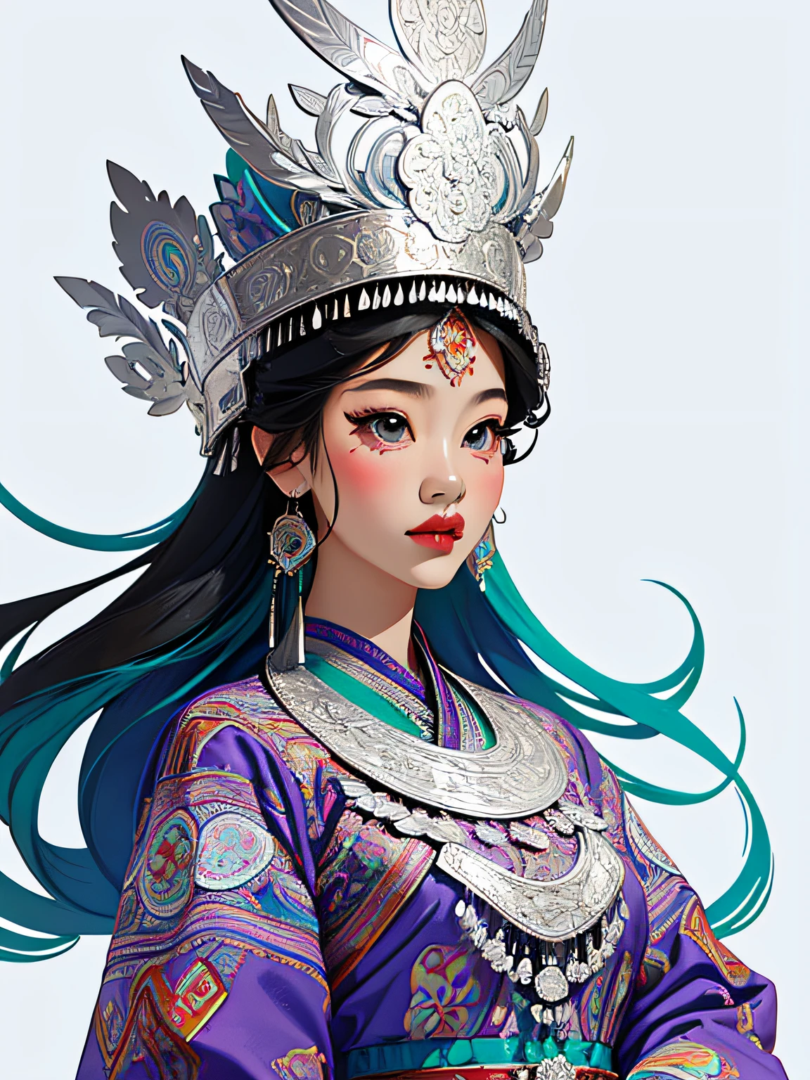 (illustration:1.3)Hmong girl in Hmong costume (by Artist Anna Dittman:1), (((Masterpiece))), (((Best quality))), ((Ultra-detailed)),(Detailed light),((An extremely delicate and beautiful)), Hmong,garments、head gear、耳Nipple Ring，with a pure white background，Cutout