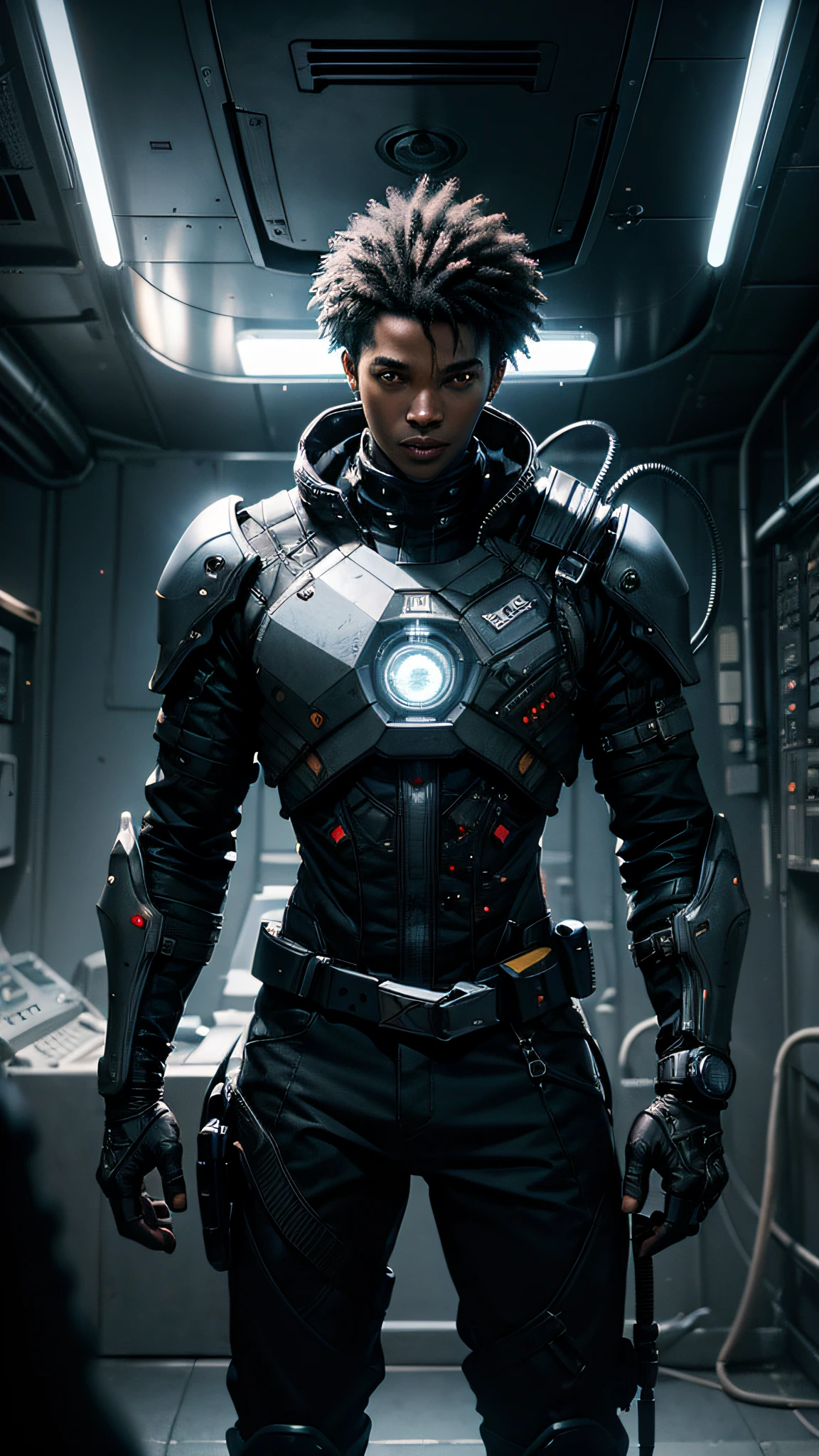 a cyberpunk man, negroid, black kinky hair, curly hair, short african hair, The man is standing on top of a hill, dark skin, blue skies, white clouds, ((Best Quality)), ((Masterpiece)), (Detailed: 1.4), 3D, HDR (High Dynamic Range),Ray Tracing,NVIDIA RTX,Super-Resolution,Unreal 5,Subsurface Dispersion, PBR Texture, Post-processing, Anisotropic filtering, Depth of field, Maximum clarity and sharpness, Multilayer textures, Albedo and specular maps, Surface shading, Accurate simulation of light-material interaction, Perfect proportions,  Octane Render, Two-Tone Lighting,Wide Aperture,Low ISO,White Balance,Rule of Thirds,8K RAW,CircuitBoardAI,