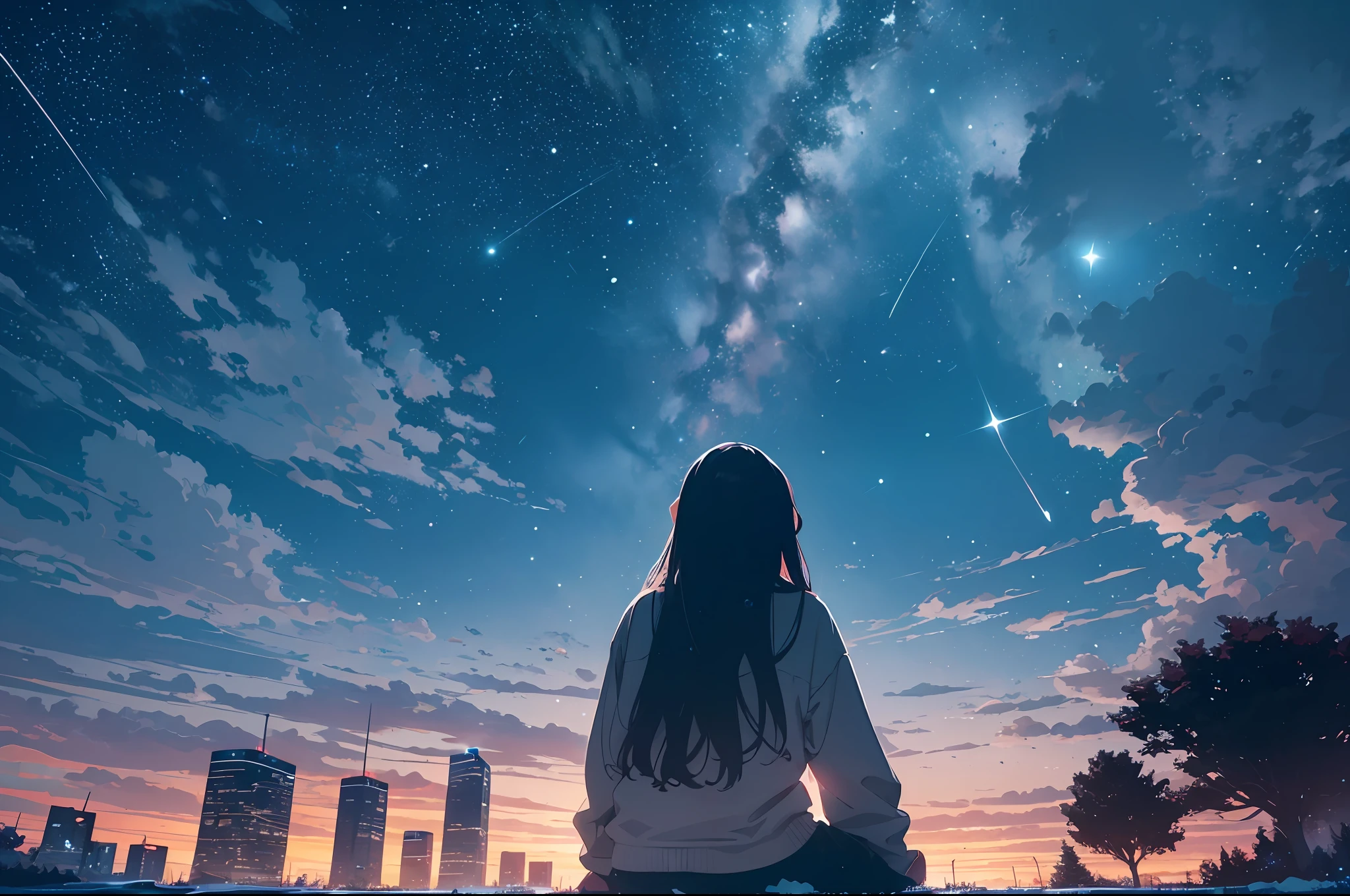 octans, sky, star (sky), scenery, starry sky, night, 1girl, night sky, solo, outdoors, building, cloud, milky way, sitting, tree, long hair, city, silhouette, cityscape