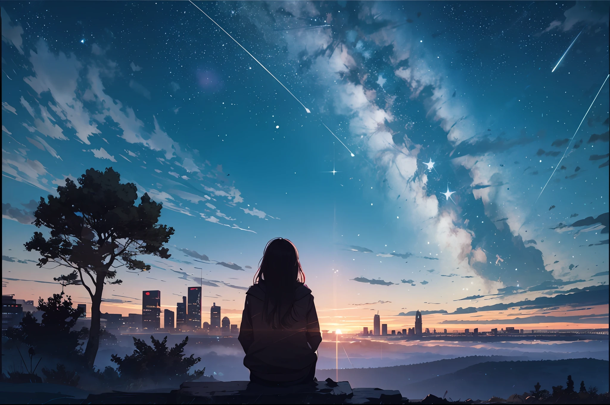 octans, sky, star (sky), scenery, starry sky, night, 1girl, night sky, solo, outdoors, building, cloud, milky way, sitting, tree, long hair, city, silhouette, cityscape