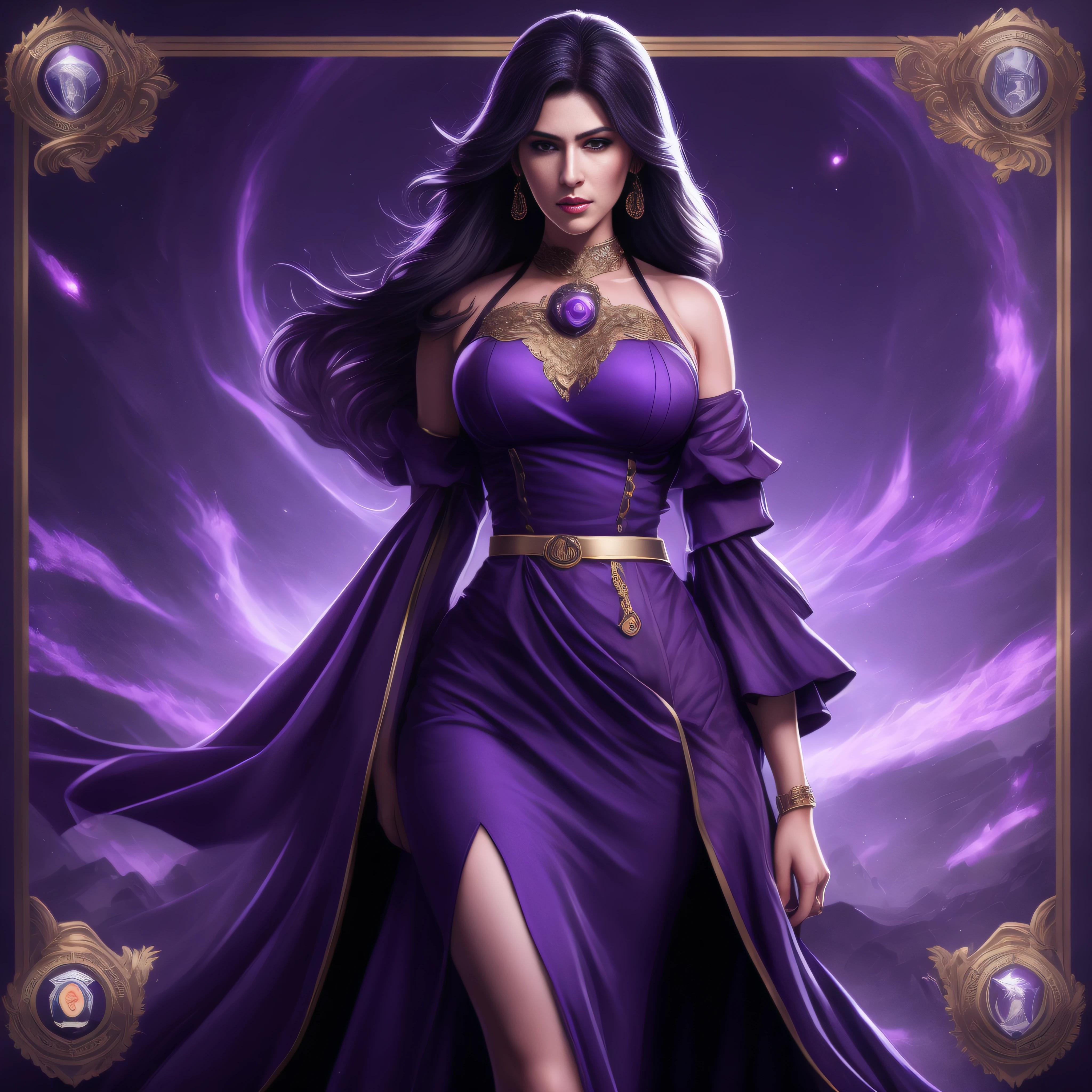 card design, gang war style, tcg card, The front of card depicts the charismatic lady boss, a brooding and captivating mafia boss. She is standing, exuding power and authority. The mafia boss is wearing a violet dress. Her expression is intense, emanating a sense of both danger and allure.symmetric, intricate, highly detailed, trending on artstation, 8K