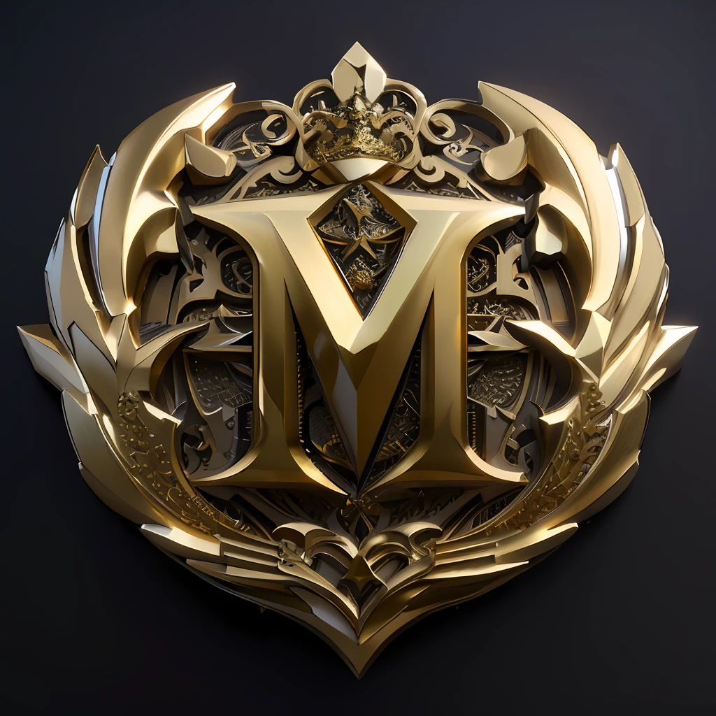 Close-up of the gold metal letter M with decorative design, royal insignia in background, sharp metal crest, Masterpiece. render in blender, intricate ornate anime cgi style, rendered in keyshot, imperial symbol, medal, in style of ultra high detail, 3 D 徽标, A masterpiece of 3D ray tracing, designed in blender, magnificent design, highly detailed texture render