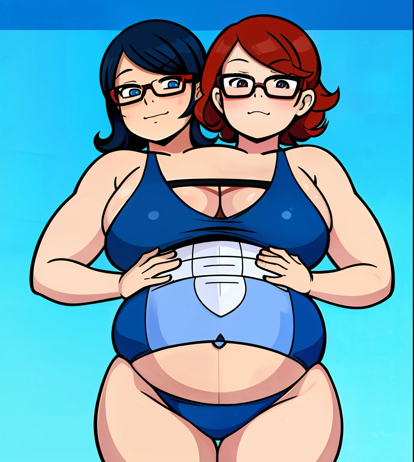 photo of 2heads, woman, femboy, close up, white skin, red hair, black hair, blue swimsuit, bloated belly, pregnant, big belly, lewdlemage, hyper pregnancy, eyebags, glasses, huge belly, tight swimsuit, bare arms, heavily pregnant, anime style, flat shading