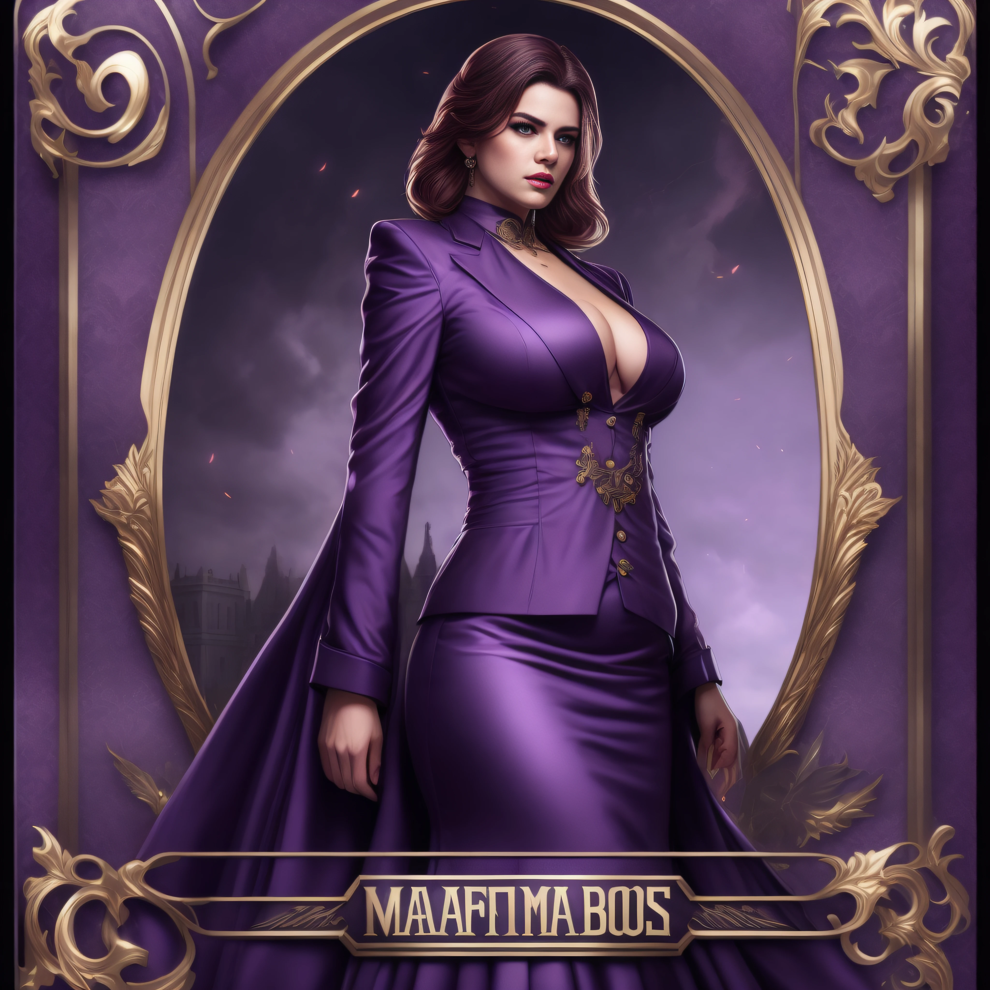 card design, gang war style, tcg card, The front of card depicts the charismatic lady boss, a brooding and captivating mafia boss. She is standing, exuding power and authority. The mafia boss is wearing a violet dress. Her expression is intense, emanating a sense of both danger and allure.symmetric, intricate, highly detailed, trending on artstation, 8K