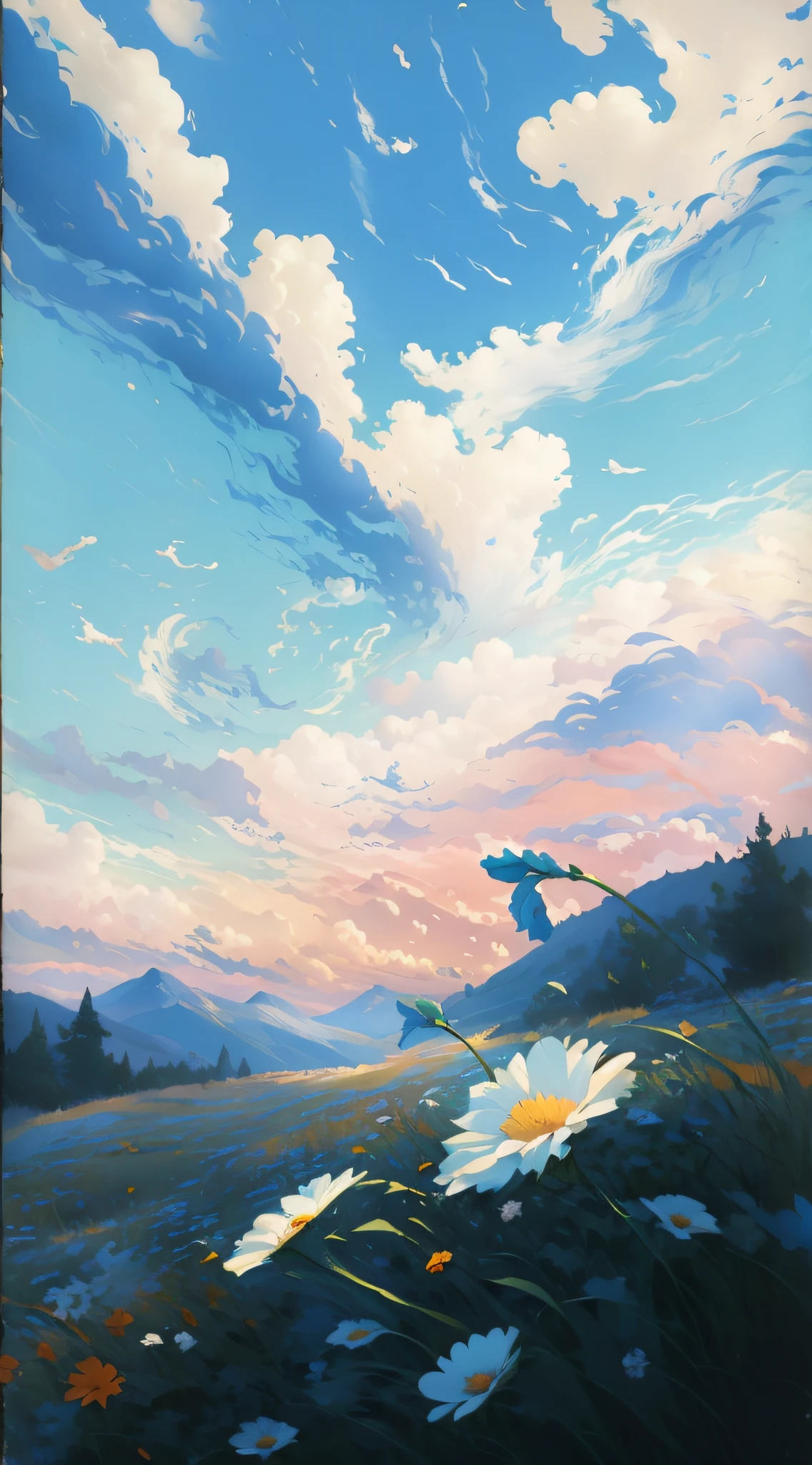 （tmasterpiece：1.2，best qualtiy），16K，Draw a field painting with flowers and sky, harmony of swirly clouds, painting of a dreamscape, swirling scene, Inspired by Franklin Carmichael, Inspired by RHADS, Inspired by Paul Henry, painted landscape, Inspired by Thomas Hart Benton, Inspired by Lauren Harris, floral sunset, airy landscape, heavenly landscape, Swirling clouds