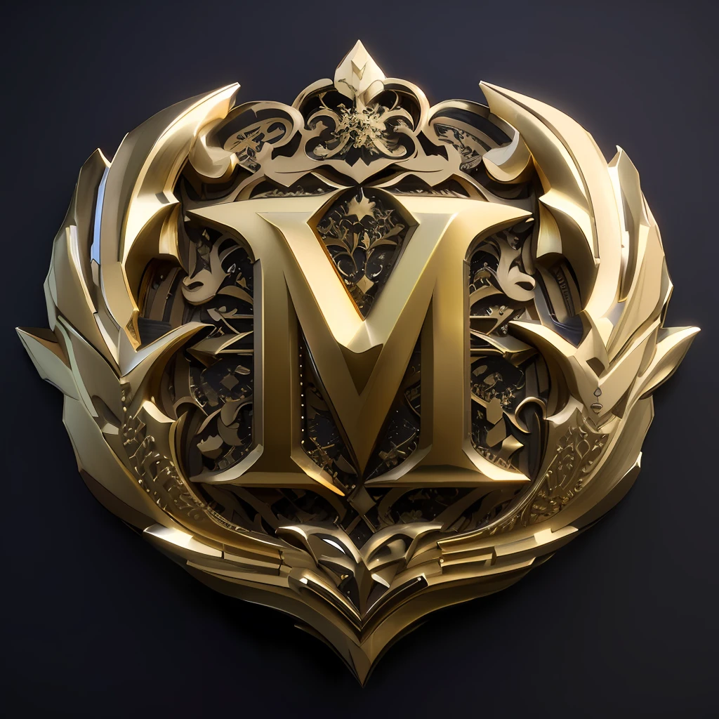 Close-up of the gold metal letter M with decorative design, royal insignia in background, sharp metal crest, Masterpiece. render in blender, intricate ornate anime cgi style, rendered in keyshot, imperial symbol, medal, in style of ultra high detail, 3 D 徽标, A masterpiece of 3D ray tracing, designed in blender, magnificent design, highly detailed texture render