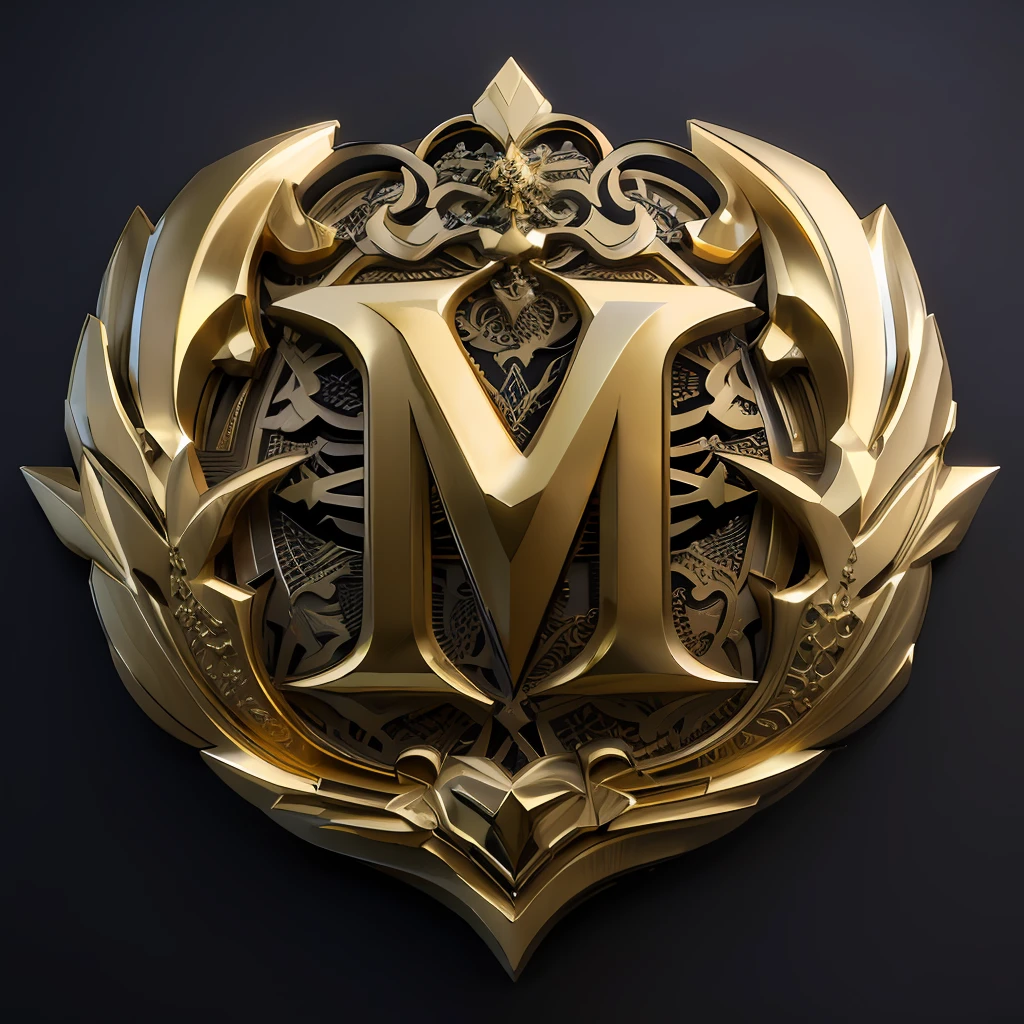 Close-up of the gold metal letter M with decorative design, royal insignia in background, sharp metal crest, Masterpiece. render in blender, intricate ornate anime cgi style, rendered in keyshot, imperial symbol, medal, in style of ultra high detail, 3 D 徽标, A masterpiece of 3D ray tracing, designed in blender, magnificent design, highly detailed texture render