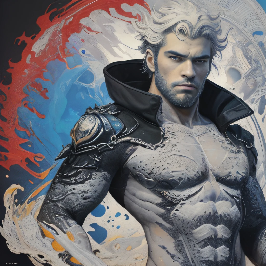 Cyberpunk male, fantasy world, dark background, clean design, epic instagram, artstation, colorful paint splatter, silhouette, hyper detailed intricate details, unreal engine, fantasy, intricate details, splash screen, complementary colors, Fantasy concept art, 8k resolution, deviantart masterpiece, oil painting, heavy strokes, paint dripping, (isolated on white background: 1.3), rainbow skin, (((handsome young man))), ((age:1.5) ), (glowing blue eyes), ((light eyes)), ((((short white hair: 1.1))), ((black clothes)), (prince\\(indifferent expression\\),, ( ((Wears high detail luxurious black robe))), white hair, (chest) --v 6