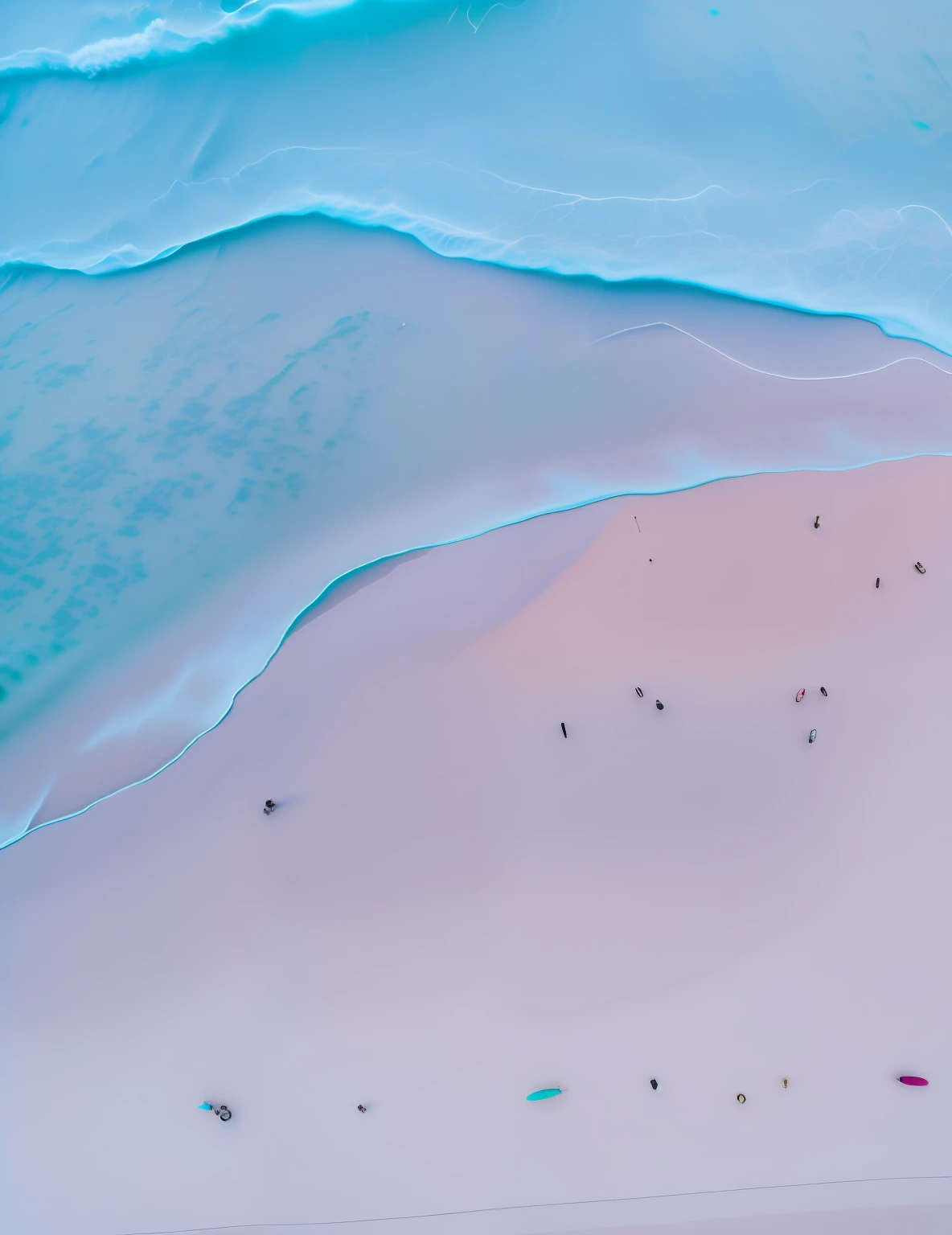 Grit、Aerial view of the beach, The surface of the sea shines、optic、Crashing waves、unmanned、mystical、realisitic、Photonic style、 Australian beaches,Deep blue、Beautiful blue、Beach aesthetics, Soft sand coastline, Shot from above, From  above, View from the top of the seascape, Seen from above, pink and blue colors, sand and sea, Mauve and cyan, drone photography