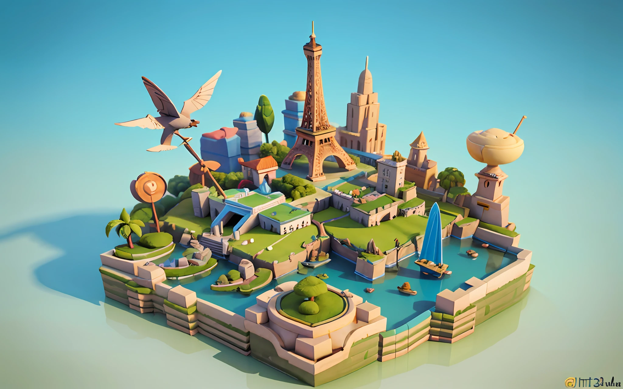 Closeup de uma ilha com uma torre Eiffel , isometric island in the sky, 3 D rendering stylization, arte conceitual estilizada, isometric 3d fantasy island, ilha flutuante e voadora, ilha voadora, 3d rendering stylized, arte de jogo estilizada
