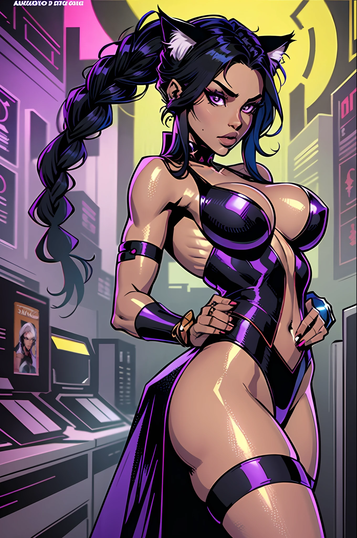 Masterpiece, Excellent, 1girl, solo, complex details, color diffusion, comic book, anime, marvel, DC, catgirl, dark skin, ebony, brown skin, dark-skinned female, thighs, cat ears, dark hair, black hair, braids, dreadlocks, braided hair, purple eyes, skimpy attire, epic attire, assassin, badass, deadly but sexy, trending, demon, goddess, Super Villain