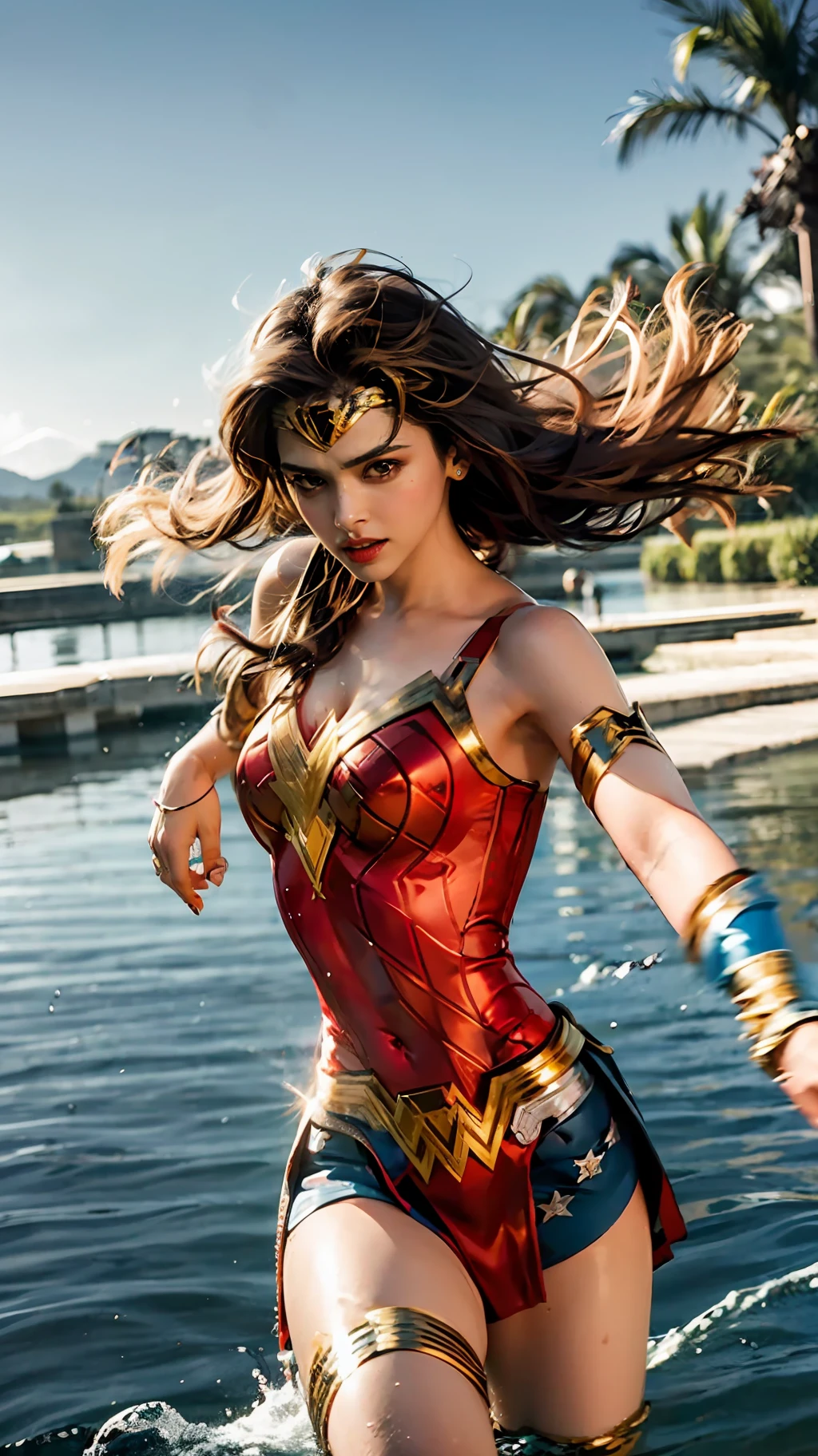 Deepika Padukone being Wonder Woman in action scene, realistic style, detailed scene, with beautiful and perfect body, perfect lighting, 8k, uhd, high quality, sharp focus, fujifilm XT3, beautiful face, beautiful body, super sexy, highly detailed, hyper realistic, uhd