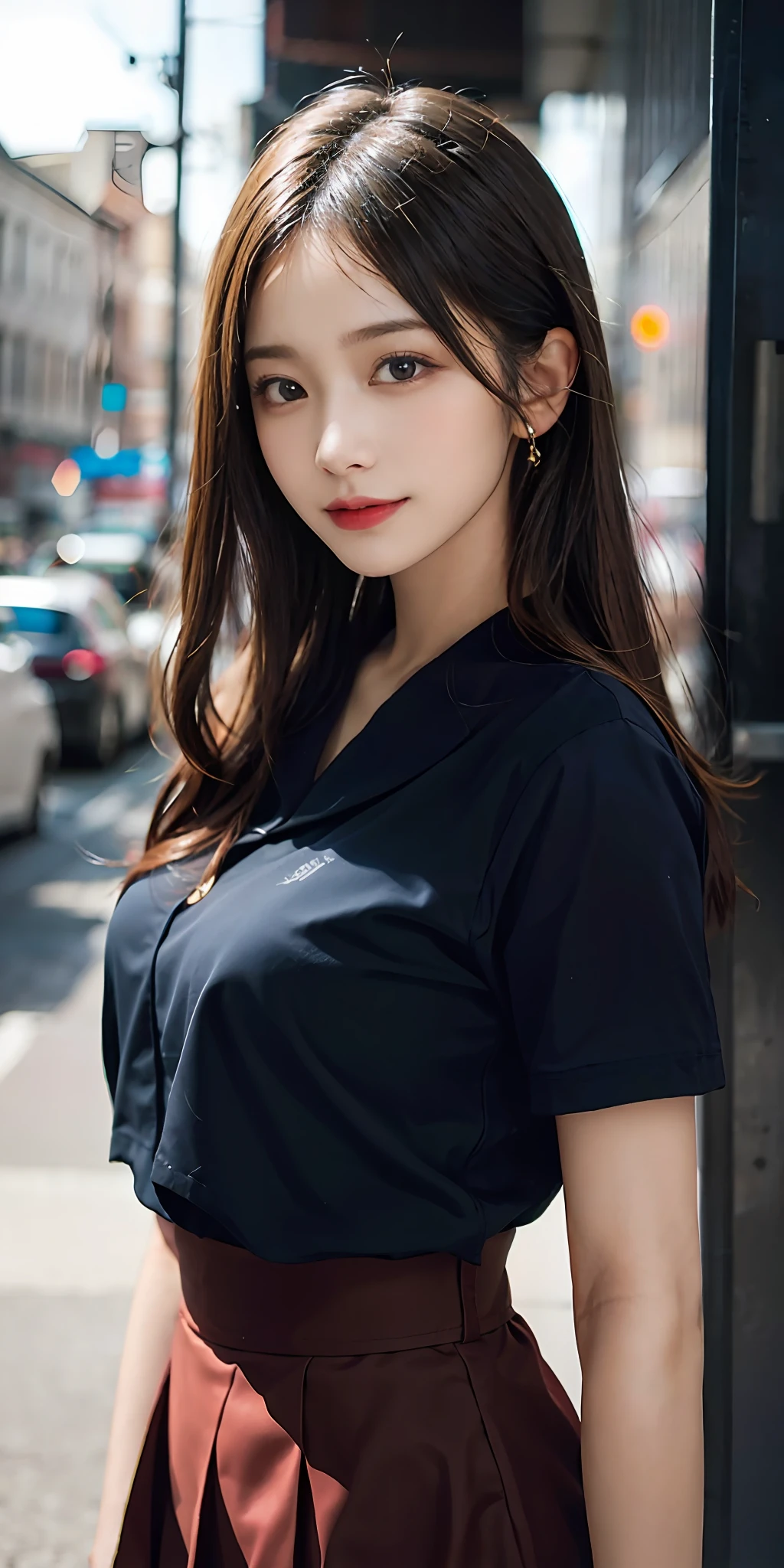 (RAW photos:1.2),high high quality,beautiful details girl,ssmile,Highly detailed eyes and face,beatiful detailed eyes,A high resolution,A high resolution,8k wallpaper,finely detailled,Highly detailed stock code uniform 8k wallpaper,light in face,cinmatic lighting, girl,pleatedskirt,(photo-realism:1.4),illustratio,ultra-realistic realism, seen from the front,super detailing,tmasterpiece