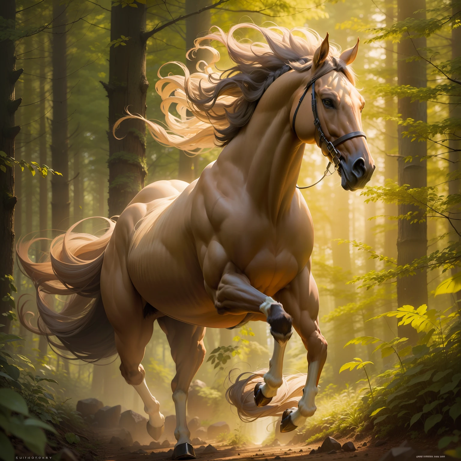 A majestic and powerful centaur galloping gracefully through a sunlit forest, its muscular form glistening with sweat, mane flowing in the wind, and hooves pounding the earth with strength and elegance.