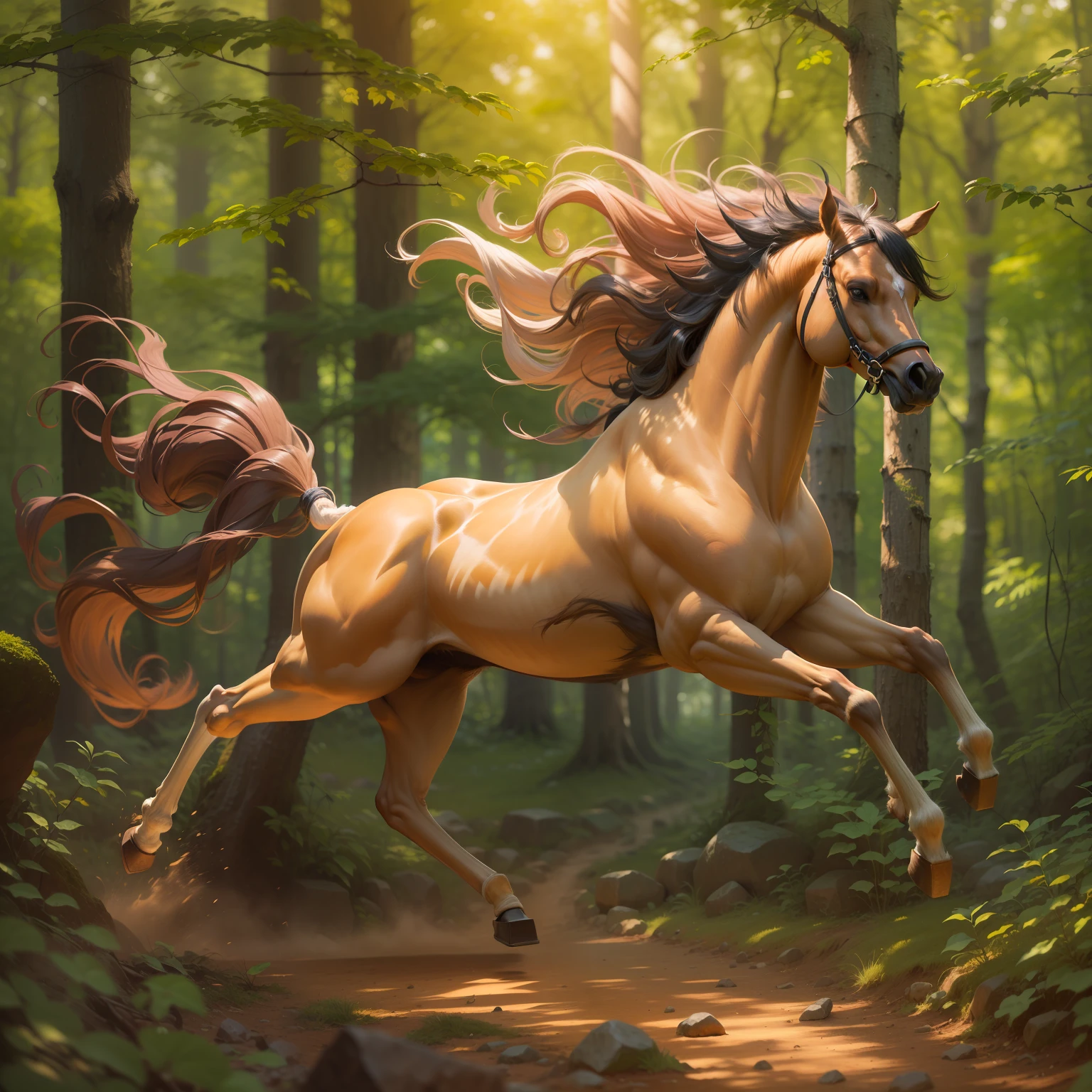 A majestic and powerful centaur galloping gracefully through a sunlit forest, its muscular form glistening with sweat, mane flowing in the wind, and hooves pounding the earth with strength and elegance.