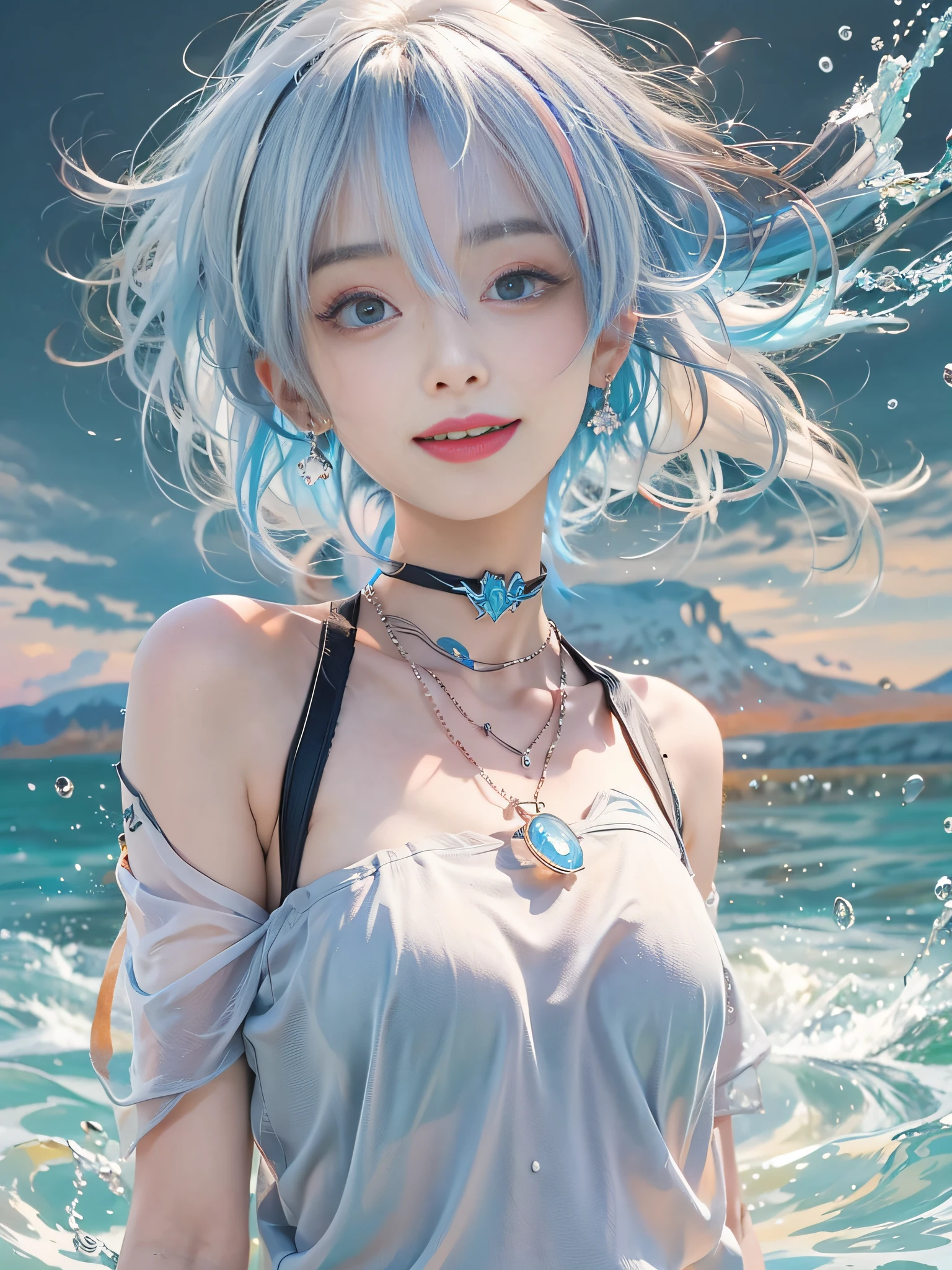1girl, solo, looking_at_viewer, smile, short_hair, open_mouth, bangs, blue_eyes, bare_shoulders, jewelry, upper_body, white_hair, earrings, multicolored_hair, choker, virtual_youtuber, tank top,water, off_shoulder, streaked_hair, tattoo, floating_hair,hairband,beautiful detailed sky,beautiful detailed water,Splashing water,sunlight,ray tracing,masterpiece,