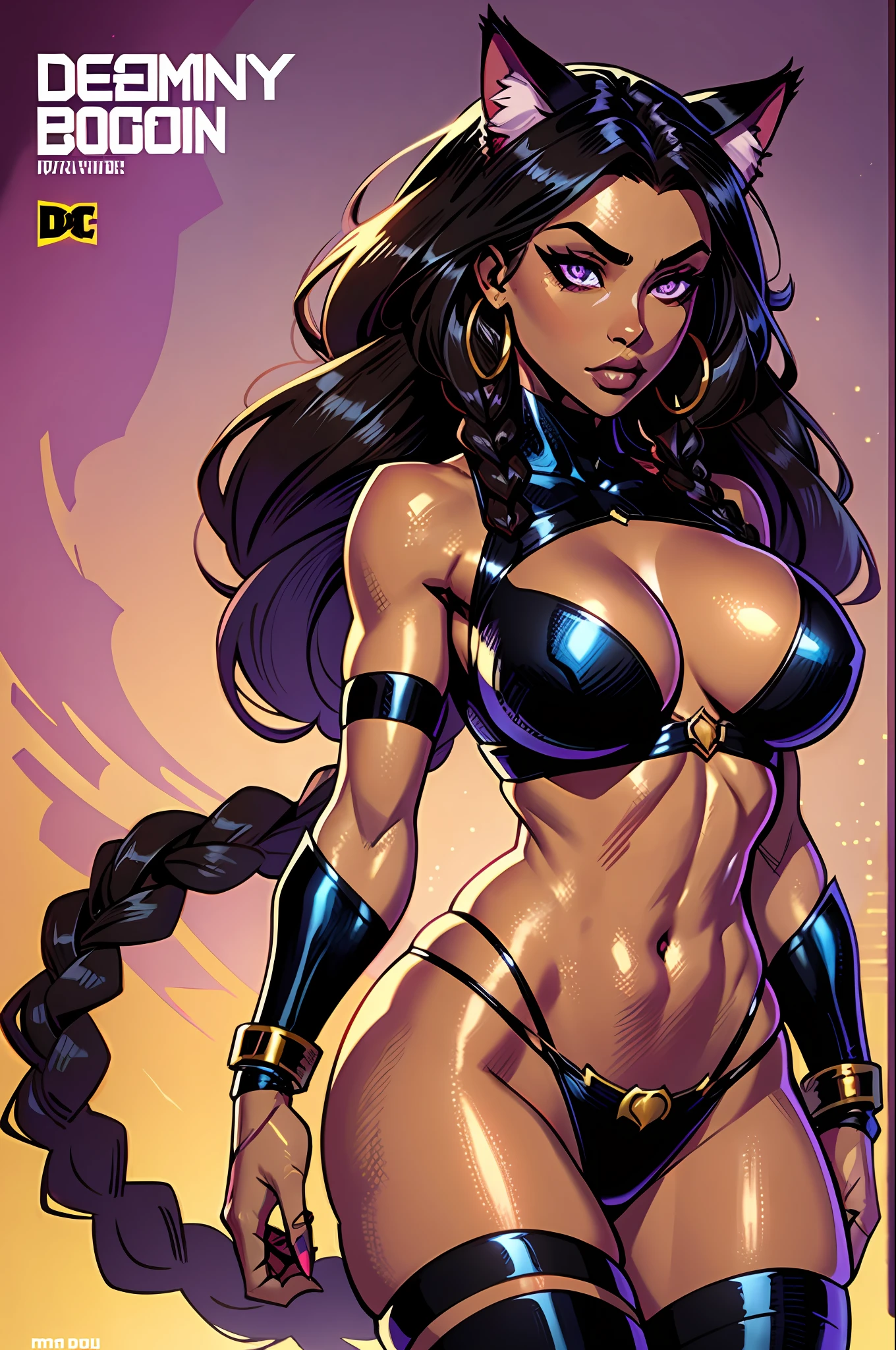 Masterpiece, Excellent, 1girl, solo, complex details, color diffusion, comic book, anime, marvel, DC, catgirl, dark skin, ebony, brown skin, dark-skinned female, thighs, cat ears, dark hair, black hair, braids, dreadlocks, braided hair, purple eyes, skimpy attire, epic attire, assassin, badass, deadly but sexy, trending, demon, goddess, Super Villain