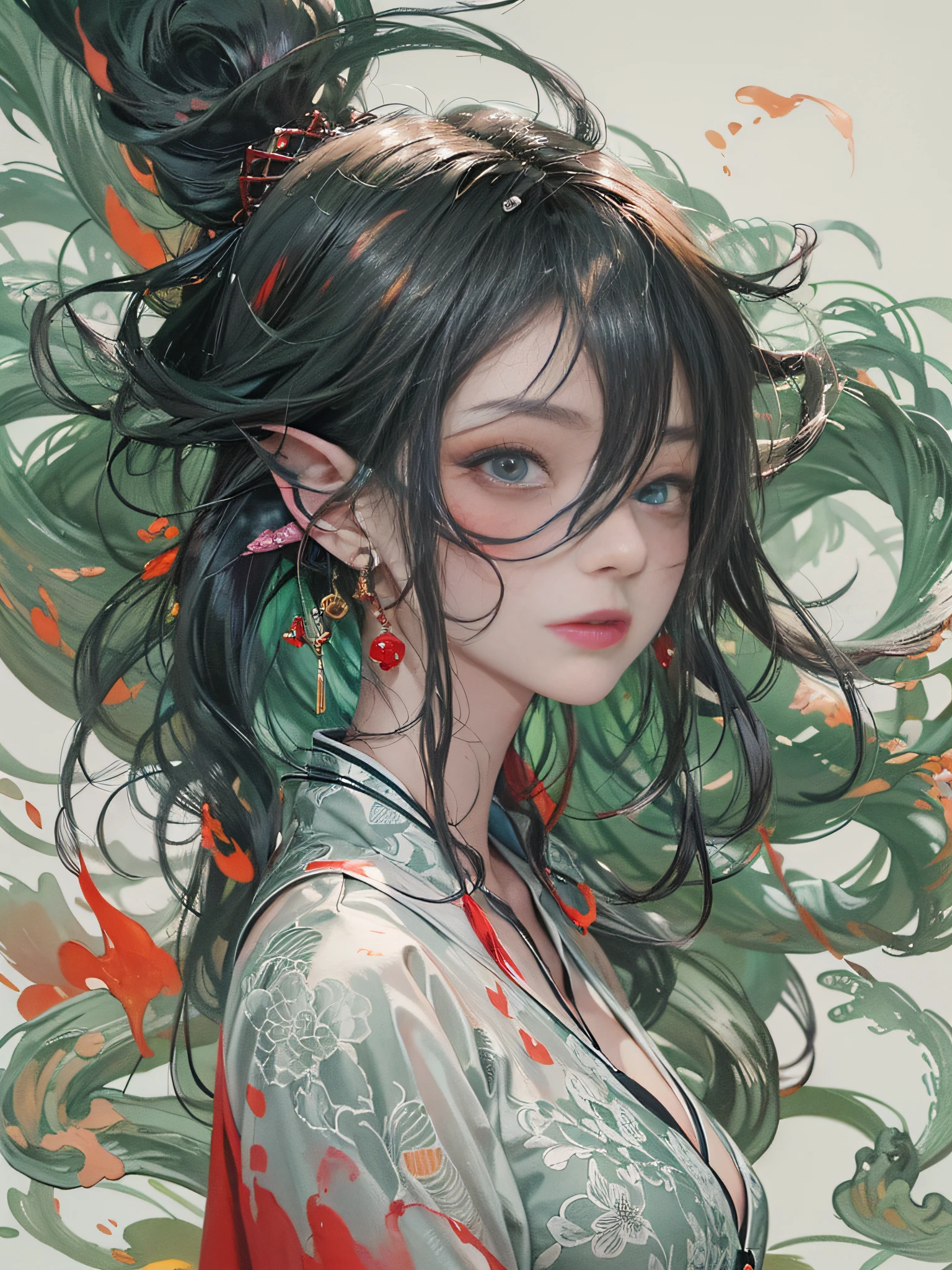 {{{Dusk(Arknights)}}},Chest support,ray tracing,{best quality}, {{masterpiece}}, {highres}, original, extremely detailed 8K wallpaper, {an extremely delicate and beautiful},,incredibly_absurdres,colorful,intricate detail,artbook,(ink splashing),illustration,(artbook),contour deepening,(((Ink wash painting))),(Chinese style),solo,young girl,((very_long_hair)),(gradient hair),(((hair over one eye))),hair between eyes,sidelocks,messy hair,hair spread out,(Dynamic hair),(red eyeshadow),((beautiful detailed eyes)),gloom (expression) depressed,((pointy ears)),cold attitude,((red_eyes)),((cropped shoulders)),( white cheongsam),((Black hair)), Dark green highlights hair, red strip earrings,Black windbreaker,(Red thin tie), black neckline,Glittering hair,(Bare leg), ((Chinese ink_long gloves)), (the dragon's horn),(Dark green corner),,