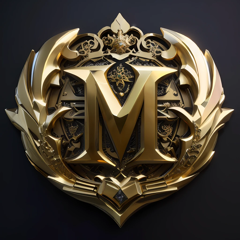 Close-up of the gold metal letter M with decorative design, royal insignia in background, sharp metal crest, Masterpiece. render in blender, intricate ornate anime cgi style, rendered in keyshot, imperial symbol, medal, in style of ultra high detail, 3 D 徽标, A masterpiece of 3D ray tracing, designed in blender, magnificent design, highly detailed texture render