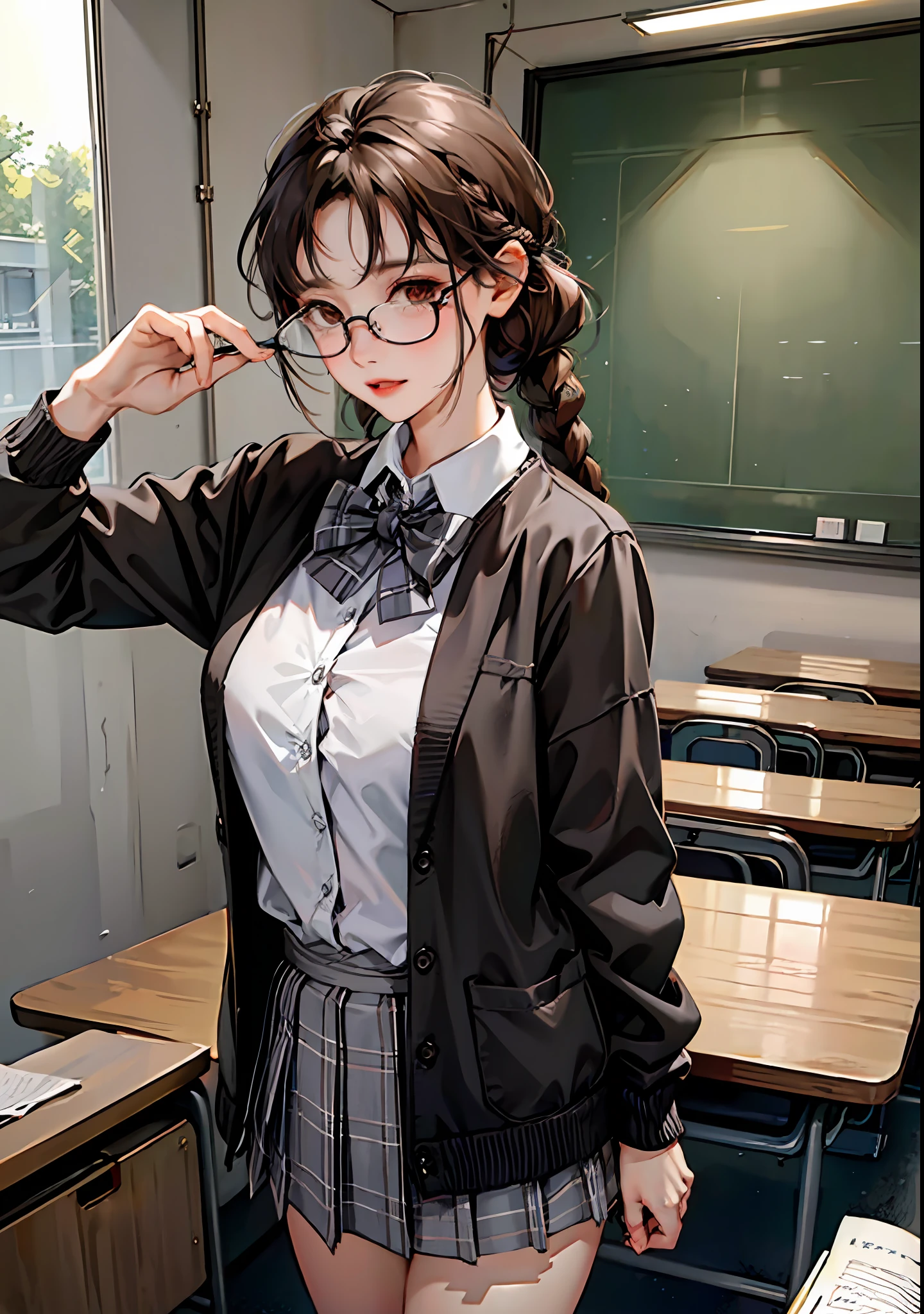 （8K，RAW photos，High light sensitivity，best qualtiy，Very delicate hair，tmasterpiece，超高分辨率，Fidelity：1.25）kr-pny，thin frame glasses，frontage，Double up braid，partedbangs，1girll，校服，Dark gray cardigan jacket，Dark gray blazer，pleatedskirt，Plaid skirts，brown  hair，huge tit，round frame glasses，looking at book，Shy and quiet girl，view from long distance，Hold the book，high school classroom