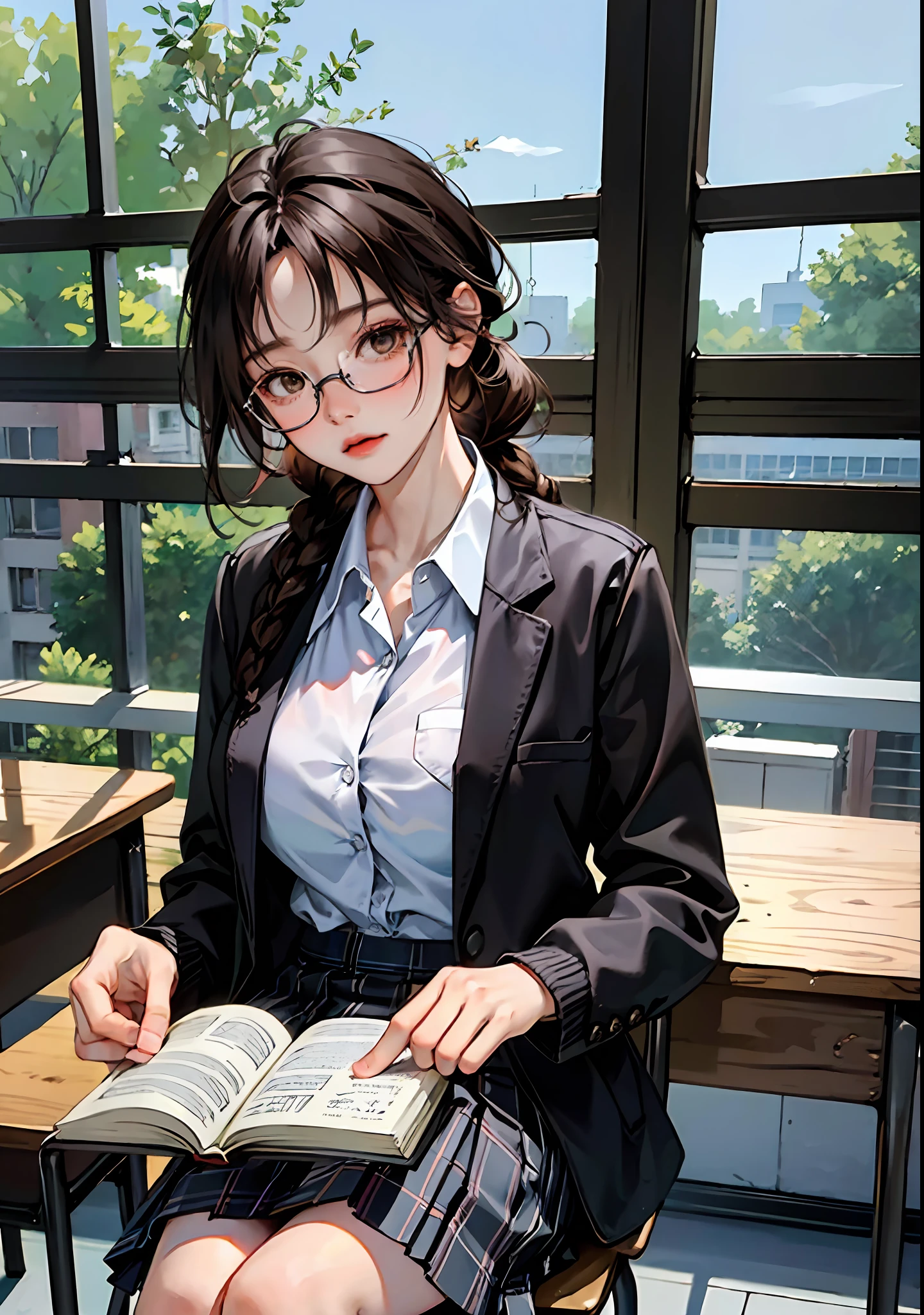 （8K，RAW photos，High light sensitivity，best qualtiy，Very delicate hair，tmasterpiece，超高分辨率，Fidelity：1.25）kr-pny，thin frame glasses，frontage，Double up braid，partedbangs，1girll，校服，Dark gray cardigan jacket，Dark gray blazer，pleatedskirt，Plaid skirts，brown  hair，huge tit，round frame glasses，looking at book，Shy and quiet girl，view from long distance，Hold the book，high school classroom