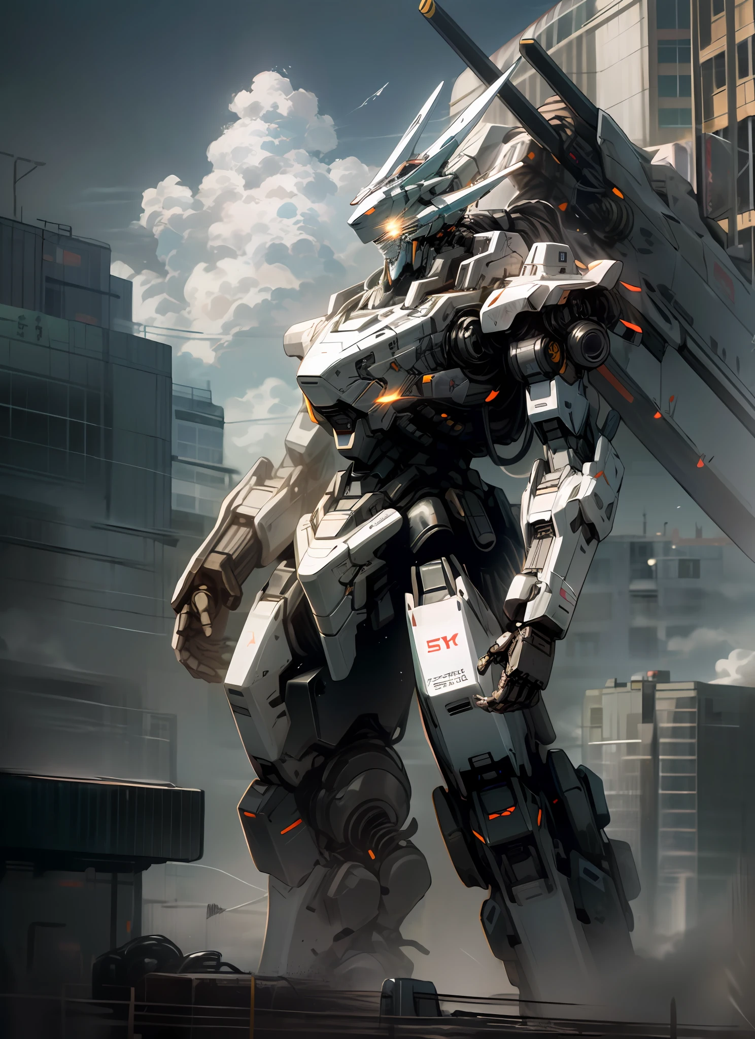 sky, cloud, holding_weapon, no_humans, glowing, , robot, building, glowing_eyes, mecha, science_fiction, city, realistic,mecha