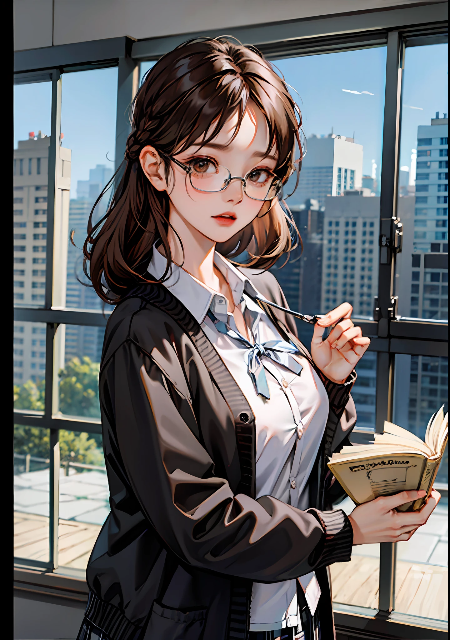 （8K，RAW photos，High light sensitivity，best qualtiy，Very delicate hair，tmasterpiece，超高分辨率，Fidelity：1.25）kr-pny，thin frame glasses，frontage，Double up braid，partedbangs，1girll，校服，Dark gray cardigan jacket，Dark gray blazer，pleatedskirt，Plaid skirts，brown  hair，huge tit，round frame glasses，looking at book，Shy and quiet girl，view from long distance，Hold the book，high school classroom