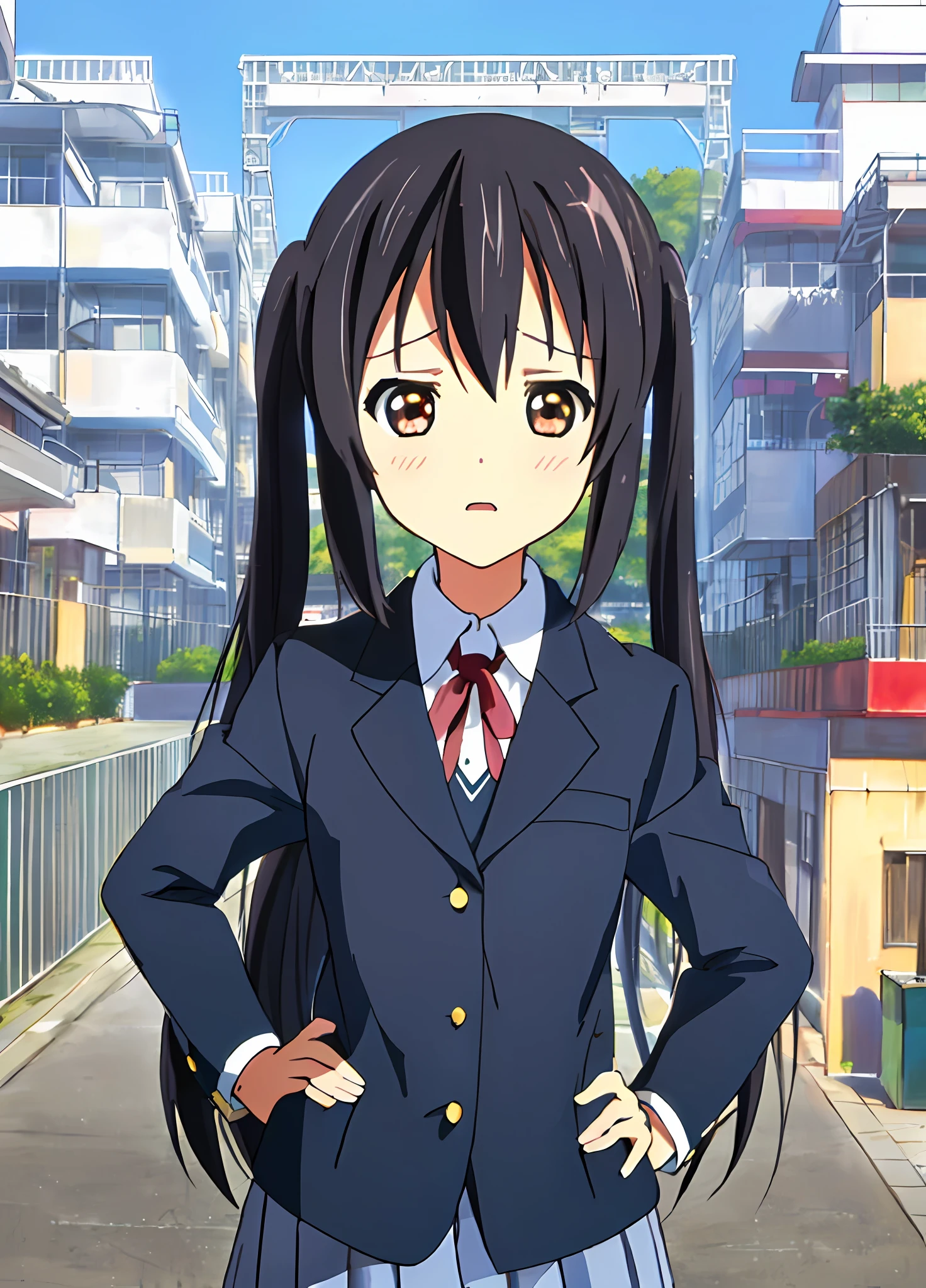 1girl, ((((Masterpiece))), Best Quality, Best Quality, High Detail, Azusa Nakano, 1girl, Sakuragaoka High School Uniform, Musical Instrument, School Uniform, Twin Tails, Long Hair, Black Hair, Brown Eyes, Solo, Red, Dark blue blazer with a thin ribbon of red, Solid white button shirt under blazer, Illustration, Cartoon, Soothing tones, Muted colors, Soft cinematic light, Adobe Lightroom, Photo Lab, HDR, complex and highly detailed, (((depth of field))))). (((Masterpiece))). (((highest quality))).) ((super detail))). (((Illustration))). (((外))).dynamic focus.small breasts. (((skyscrapers))). (((Cityscape))). (((Face of sadness))). open mouth. (((hands on hips))). (((Proud))).