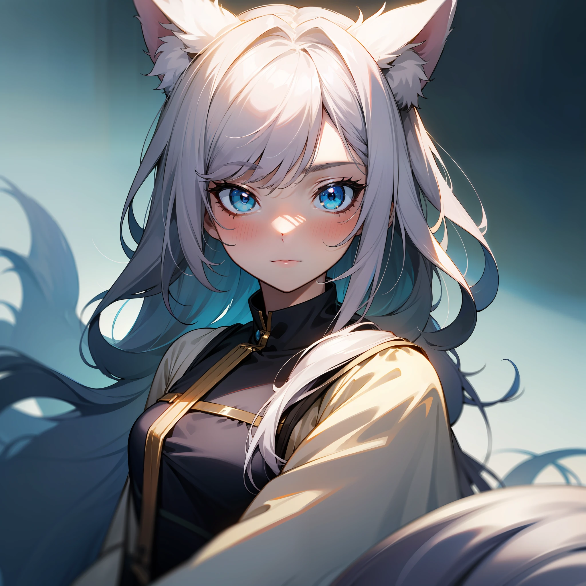upper body,{best quality}, {{masterpiece}}, {highres}, original, extremely detailed 8K wallpaper, 1girl, {an extremely delicate and beautiful},,incredibly_absurdres,simple background,Simple pattern background,game cg,intricate detail,solo,wolf ear fluff,animal_ears,blue_eyes,grey_hair,loli