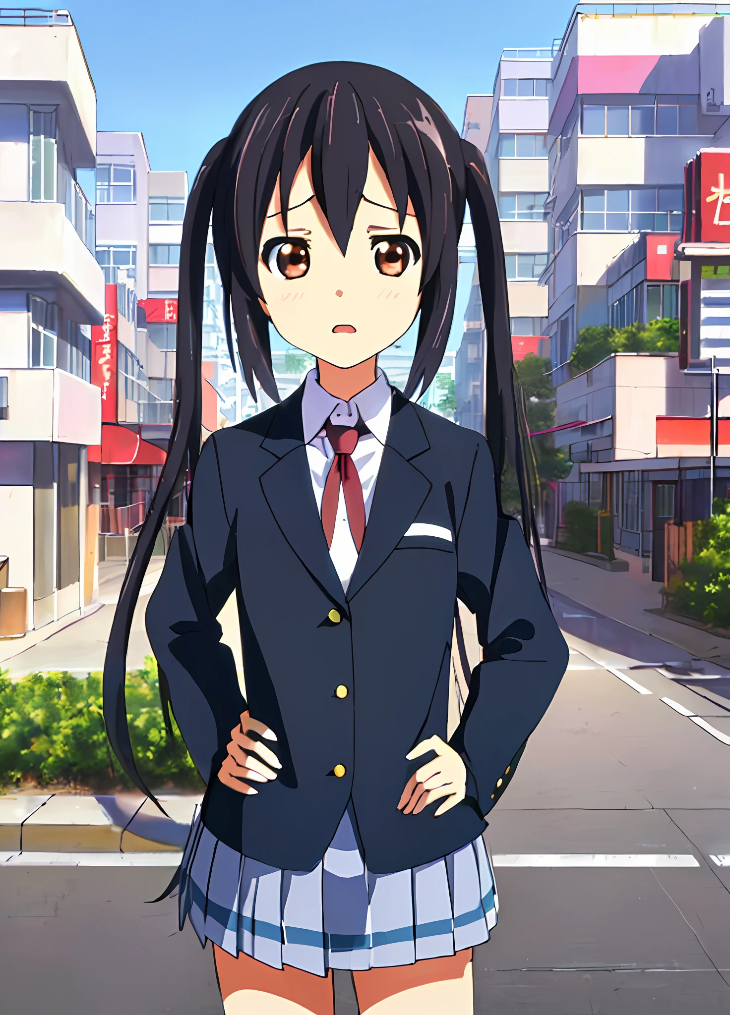 1girl, ((((Masterpiece))), Best Quality, Best Quality, High Detail, Azusa Nakano, 1girl, Sakuragaoka High School Uniform, Musical Instrument, School Uniform, Twin Tails, Long Hair, Black Hair, Brown Eyes, Solo, Red, Dark blue blazer with a thin ribbon of red, Solid white button shirt under blazer, Illustration, Cartoon, Soothing tones, Muted colors, Soft cinematic light, Adobe Lightroom, Photo Lab, HDR, complex and highly detailed, (((depth of field))))). (((Masterpiece))). (((highest quality))).) ((super detail))). (((Illustration))). (((外))).dynamic focus.small breasts. (((skyscrapers))). (((Cityscape))). (((Face of sadness))). open mouth. (((hands on hips))). (((Proud))).