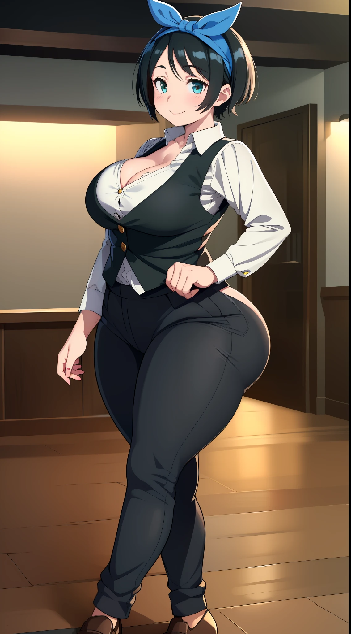 ((((kipteitei art)))), ((highres)),Masterpiece, high quality, best quality, beautiful, perfect lighting, detailed face, ultra cute face, ((1girl)), ((solo), ((((sarashina ruka)))), ((blue hairband)), dress shirt, black vest, black pants, work uniform, (tight pants), black socks, loafers, looking at viewer, cowboy shot, sexy pose, sweet smile, cute, happy, blush, large breasts, cleavage, perky breasts, ((wide hips)), ((thick thighs)), (thicc), working at movie theater,