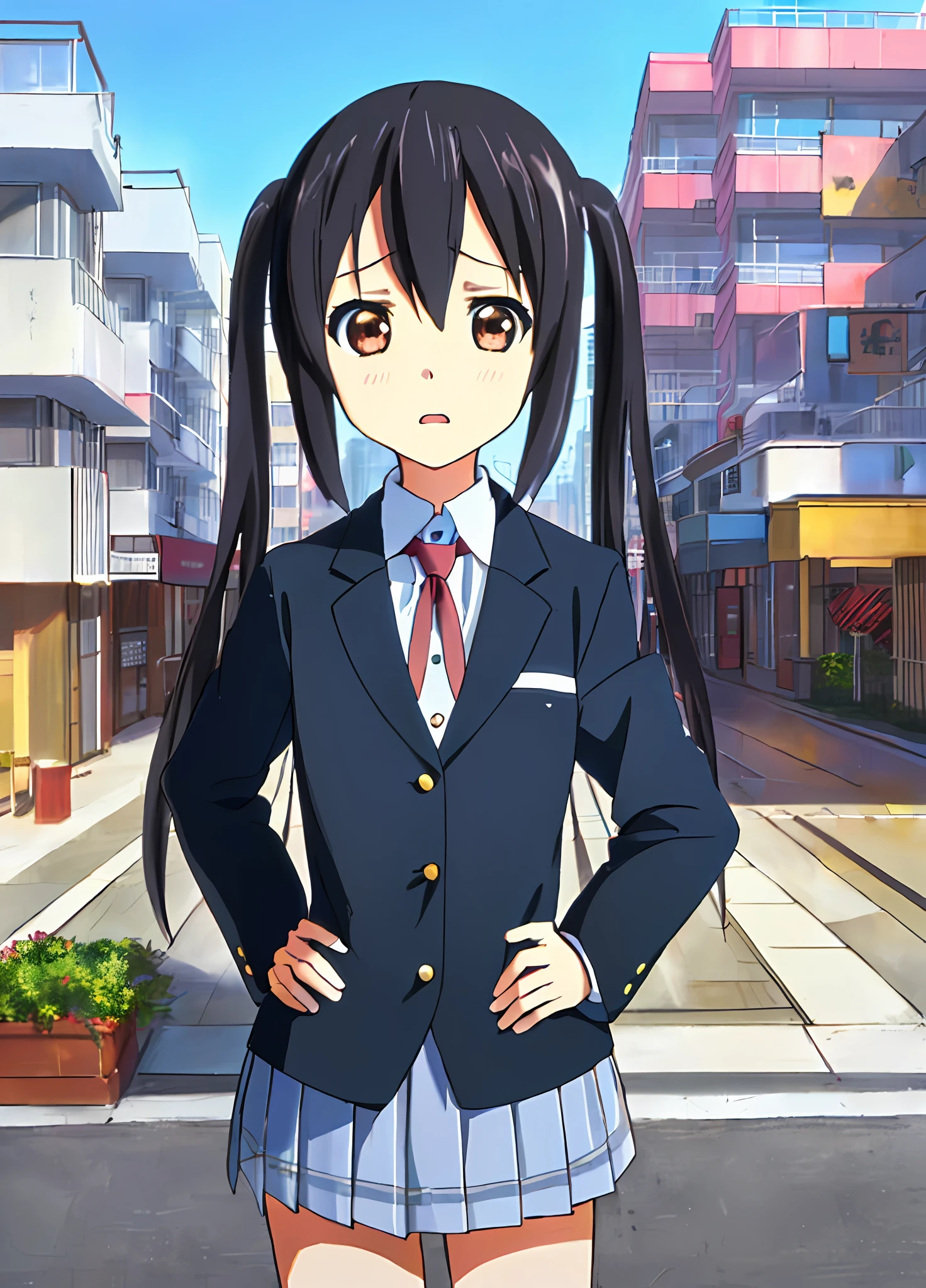 1girl, ((((Masterpiece))), Best Quality, Best Quality, High Detail, Azusa Nakano, 1girl, Sakuragaoka High School Uniform, Musical Instrument, School Uniform, Twin Tails, Long Hair, Black Hair, Brown Eyes, Solo, Red, Dark blue blazer with a thin ribbon of red, Solid white button shirt under blazer, Illustration, Cartoon, Soothing tones, Muted colors, Soft cinematic light, Adobe Lightroom, Photo Lab, HDR, complex and highly detailed, (((depth of field))))). (((Masterpiece))). (((highest quality))).) ((super detail))). (((Illustration))). (((外))).dynamic focus.small breasts. (((skyscrapers))). (((Cityscape))). (((Face of sadness))). open mouth. (((hands on hips))). (((Proud))).