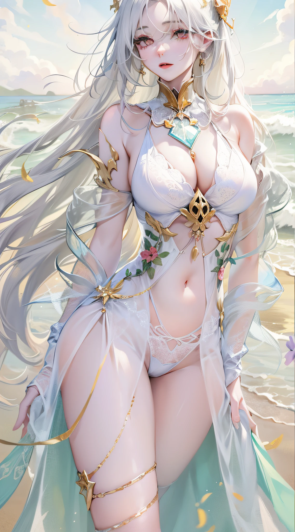 On the sandy beach,long white hair,比基尼,plumw,Delicate skin,A high resolution,full bodyesbian,The action is enchanting