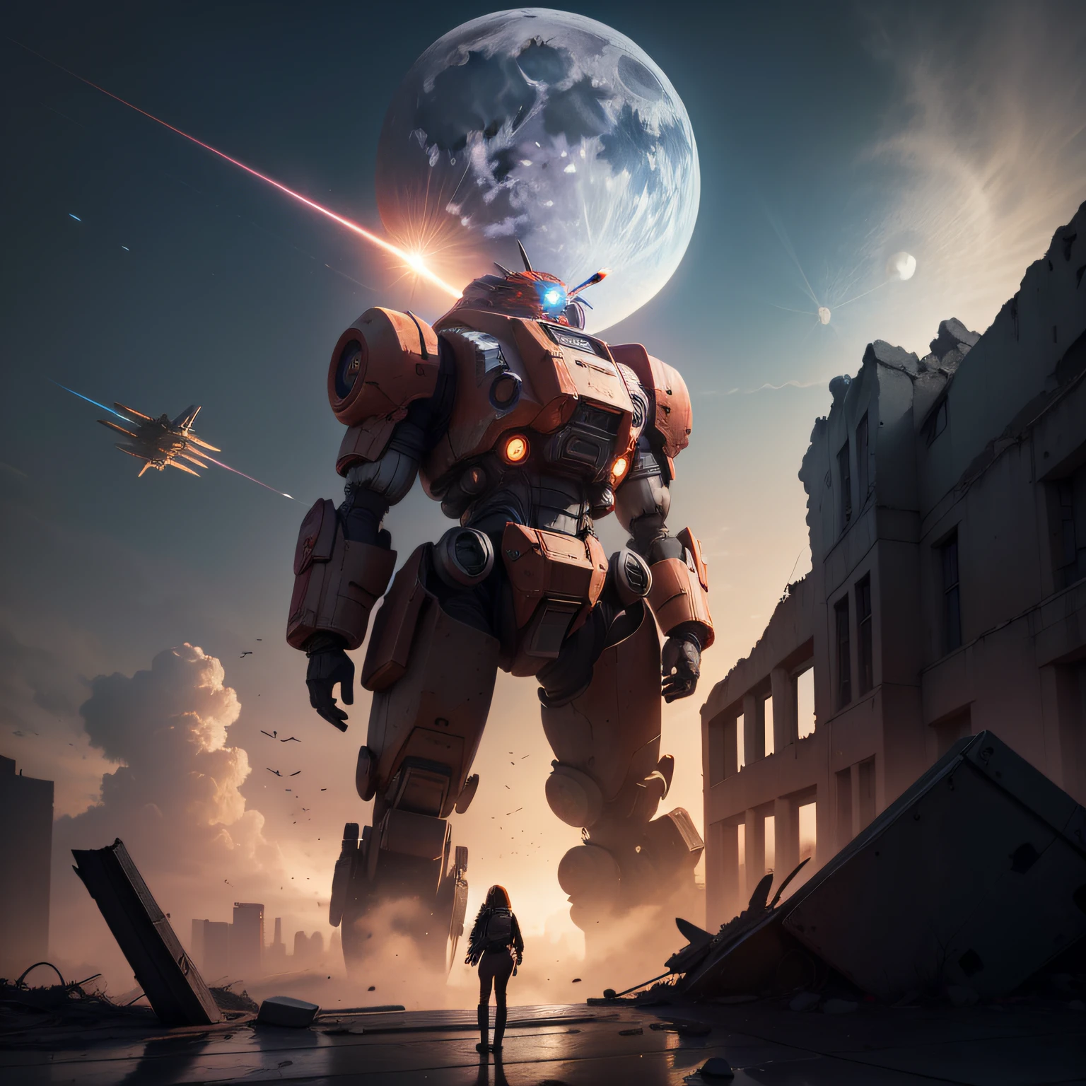 A young girl in her twenties stood on the roof and watched,A sci-fi red mech runs through the ruins,There are several fighters in the air,The moon in the sky split in half --auto