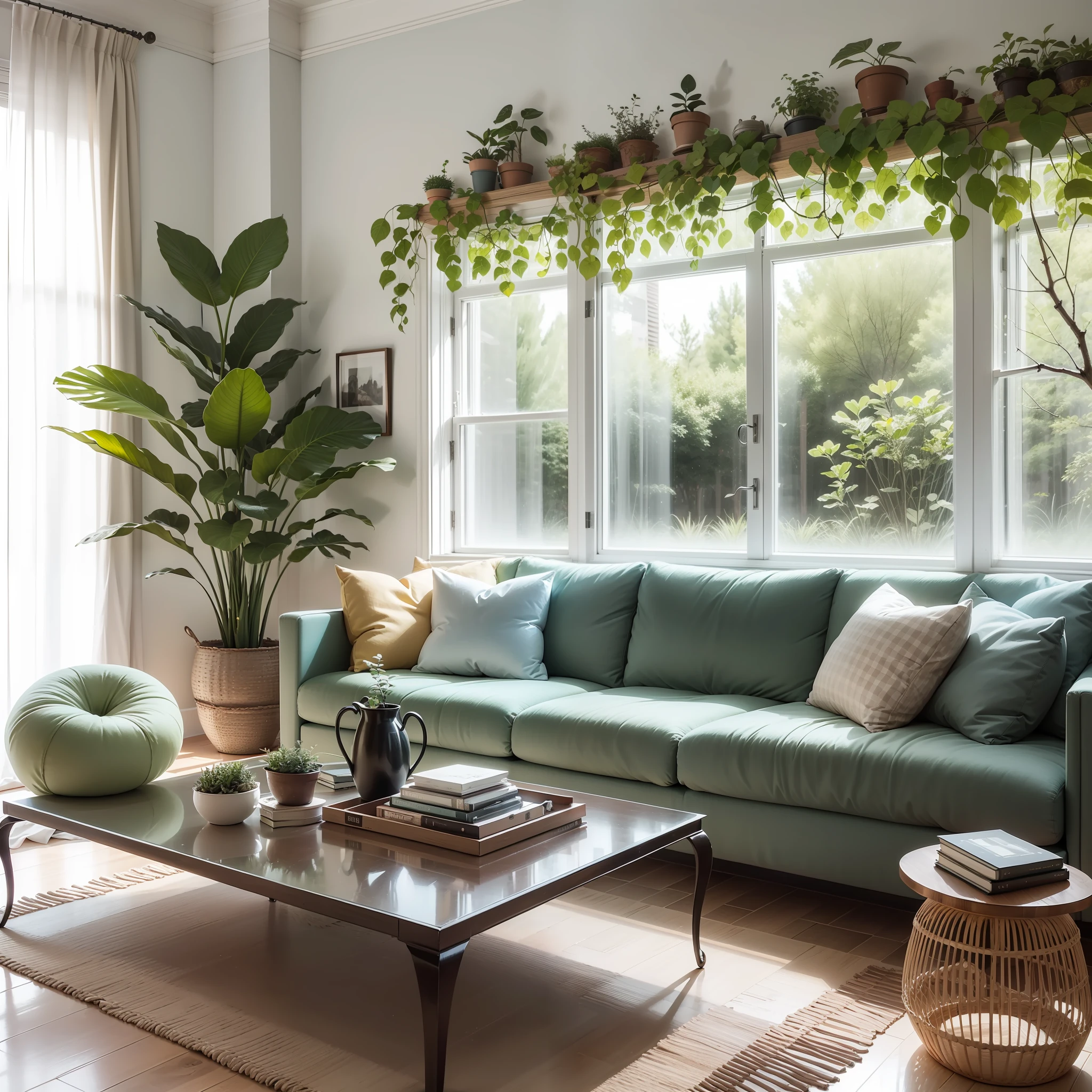 Living room with many plant, translucent, furniture in living room, modern style, professional interior design
