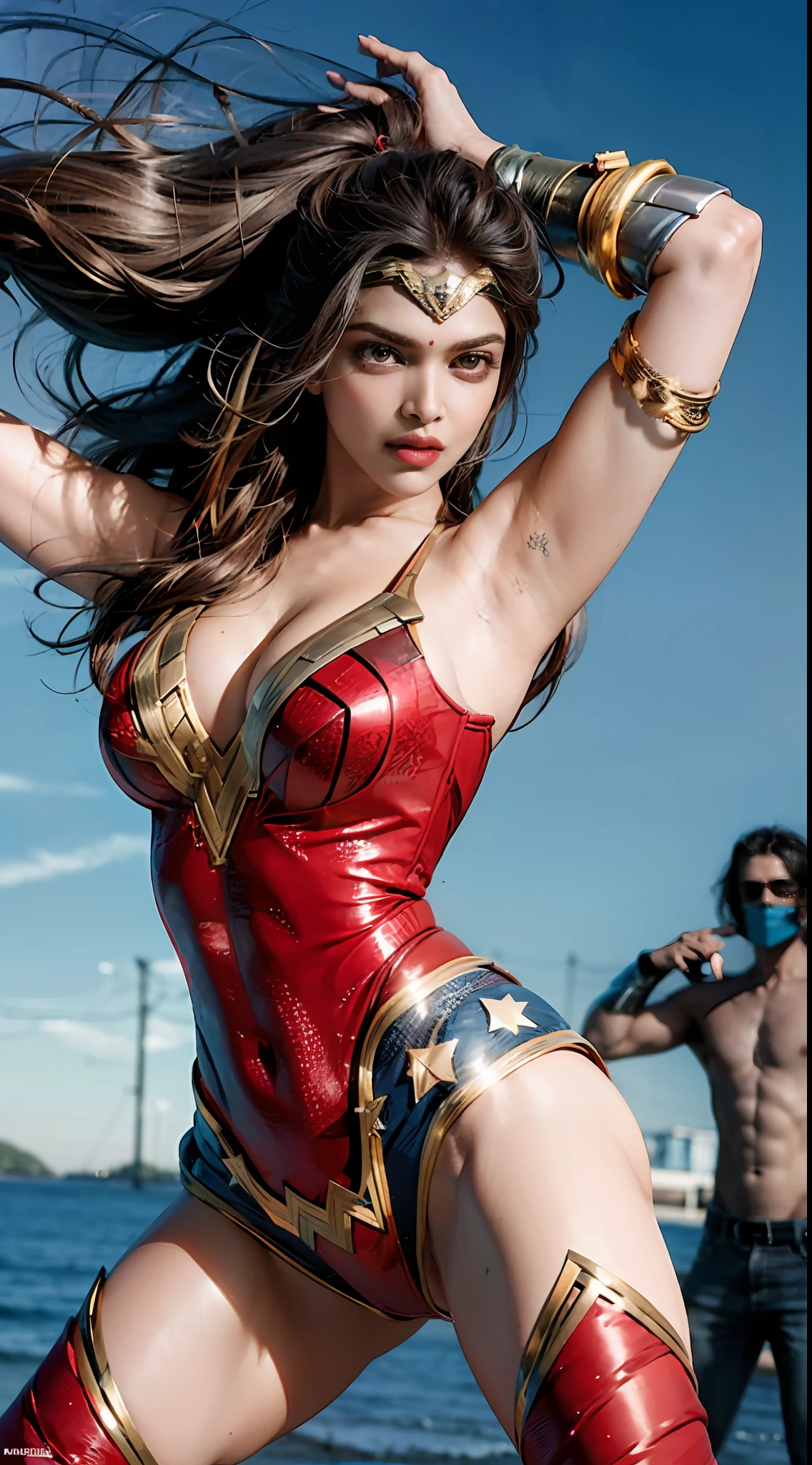 Deepika Padukone being Wonder Woman in action scene, realistic style, detailed scene, with beautiful and perfect body, perfect lighting, 8k, uhd, high quality, sharp focus, fujifilm XT3, beautiful face, beautiful body, super sexy, big breasts, full body photo, dynamic pose, curvy body, highly detailed, hyper realistic, uhd