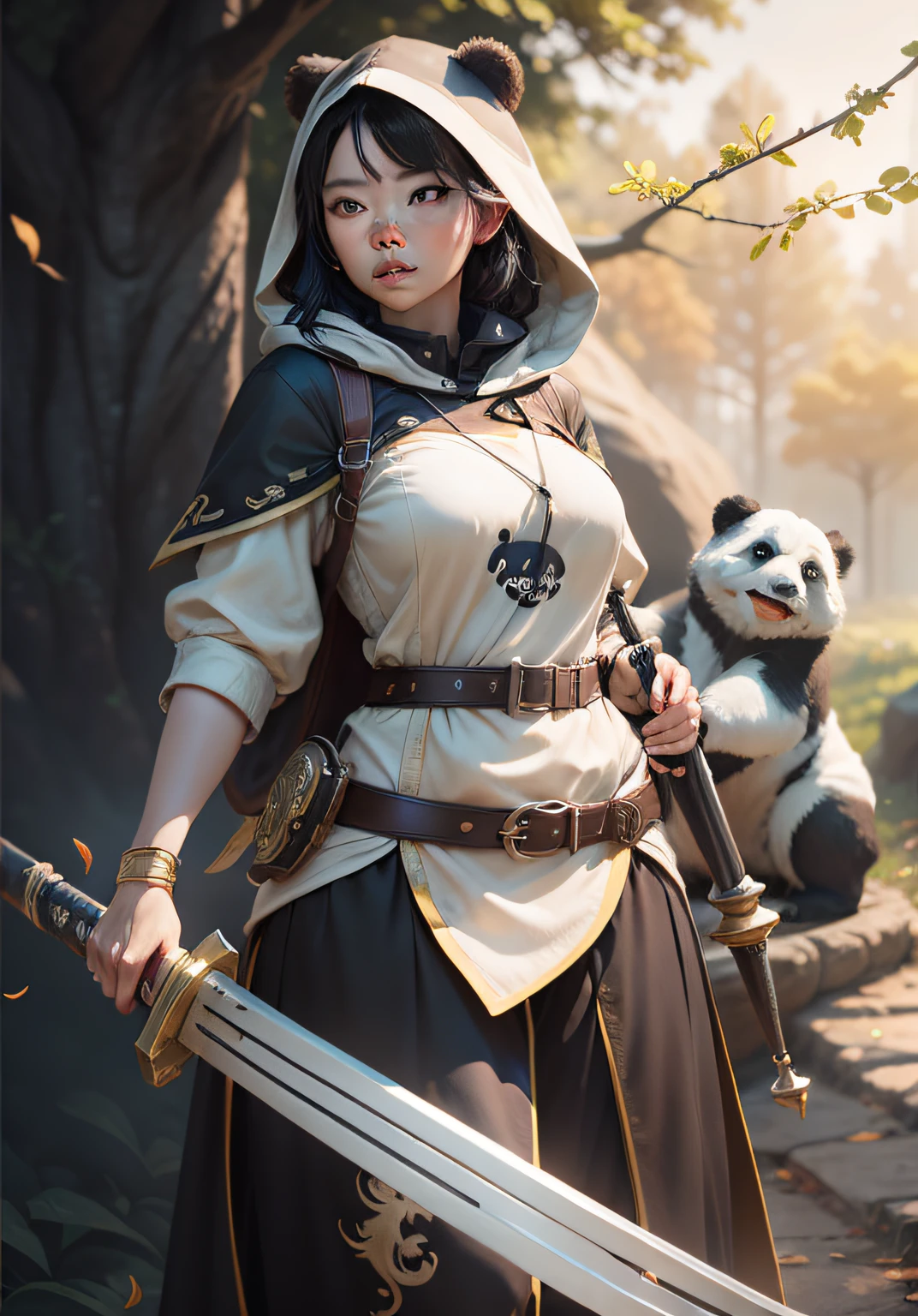 beautiful woman facing the camera black hair asian eyes, wearing a black and white panda hood holding a gleaming sword silver and gold Masterpiece, best quality, high quality, highly detailed CG unity 8k wallpaper beautiful landscape oil painting, award winning photography, bokeh, depth of field, HDR, bloom, chromatic aberration, photorealism, highly detailed, trending on artstation, on CGsociety Trending, intricate, high detail, dramatic, midjourney art and masterpiece, best quality, high quality, extremely detailed CG unity 8k wallpaper lush summer landscape with rolling green hills stretching towards the horizon, dotted with pink, yellow wildflowers, and purples, volumetric lighting and masterpiece, best quality, high quality, extremely detailed CG unity 8k wallpapers serene autumn landscape surrounded by trees in shades of golden yellow, fiery red and burnt orange. The crisp air is laced with the sweet aroma of fallen leaves and wood smoke. The ground is covered with a golden folia --auto