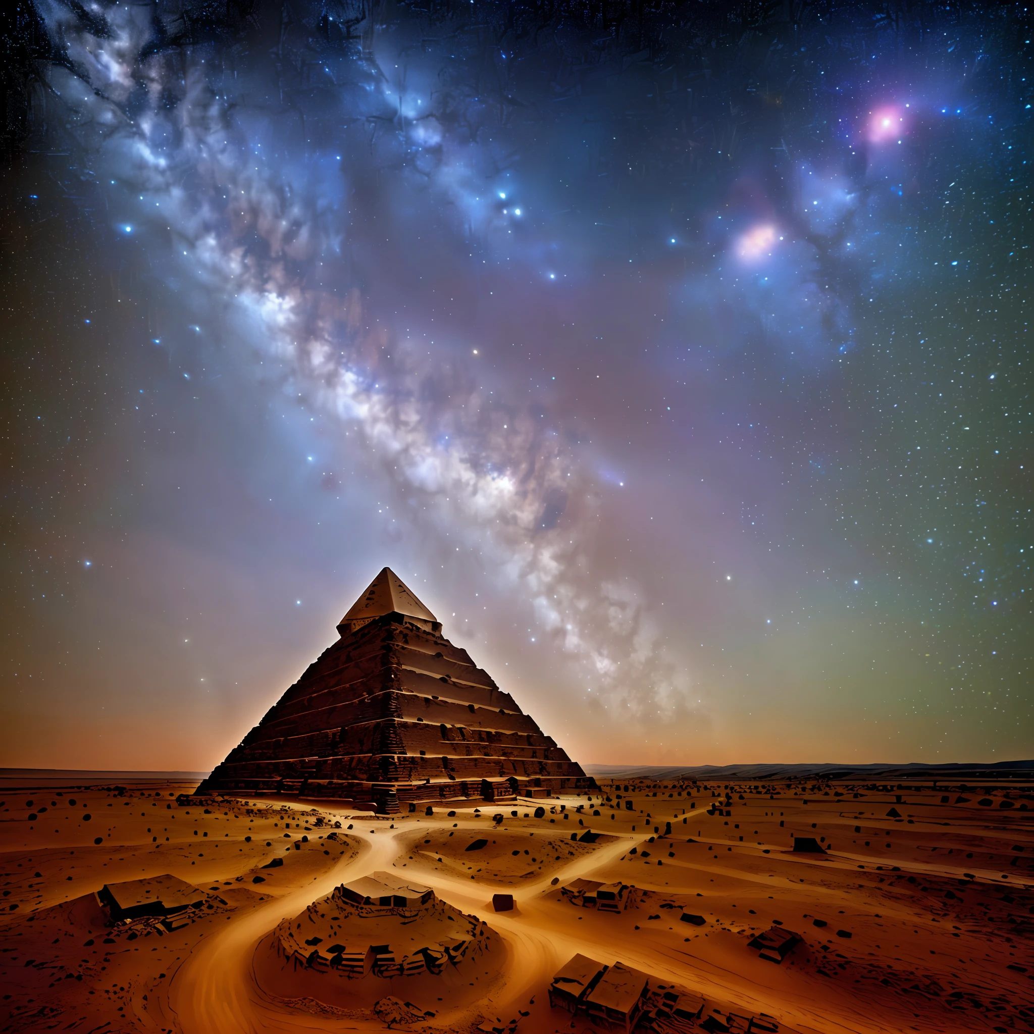 An ancient pyramid floating in the infinite universe. There are sparse stars in the pyramids. Masterpiece, edgy, The ultra-detailliert, 8K,Cyberspace Soldier, Angle view, Top  Quality, Dim, (High detail background:1.2),(High Detail Characters:1.2), DSLR, Soft lighting, High Quality, film grain, FUJIFILM XT3, intriciate detail,