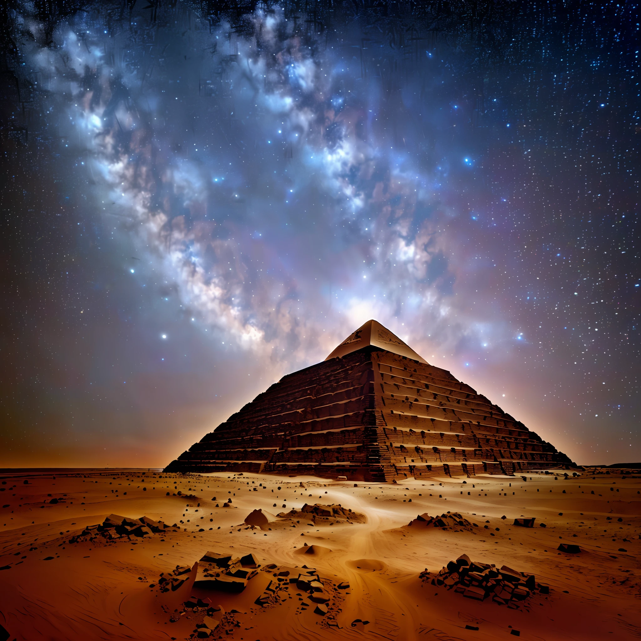 An ancient pyramid floating in the infinite universe. There are sparse stars in the pyramids. Masterpiece, edgy, The ultra-detailliert, 8K,Cyberspace Soldier, Angle view, Top  Quality, Dim, (High detail background:1.2),(High Detail Characters:1.2), DSLR, Soft lighting, High Quality, film grain, FUJIFILM XT3, intriciate detail,
