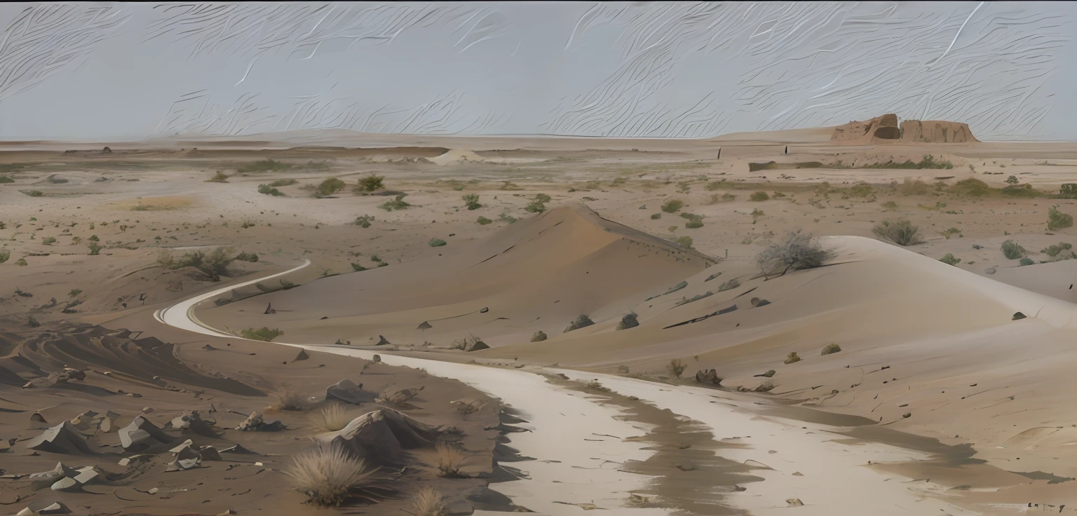 desolated，There is a dirt road that winds through the desert, painting of a sand landscape, digital oil on canvas, highly textured landscape, OilPaintStyle, digital painted, The desert is colored pencils, digital oil painting, digital painted, 3 d virtual landscape painting, oil digital painting, A digital painting, new mexican desert background, desert mesa