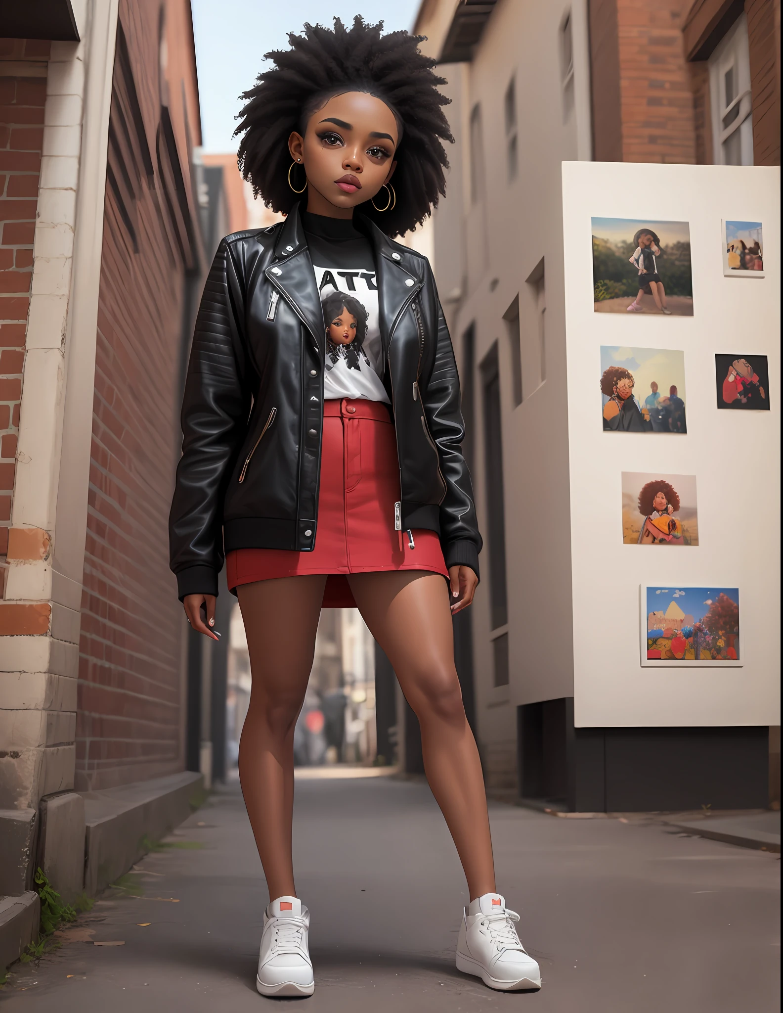 Linda menina bonita preta com cabelo arenoso preso preto | Arte Chibi afro-americana | digital print | Print-on-demand, 3D leather jacket with crisp art| winter afternoon in a square