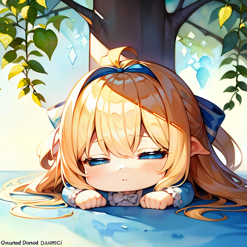 (Detailed description)+、(top-quality)+、(ighly detailed)+、(masterpiece)+、(ultra-detailliert)+、(The best illustrations)++、(Best Shadows)、Original、illustratio、top-quality、masterpiece、dynamic ungle、Detailed beautiful backgrounds、depth of fields、Beautiful lights and shadows、((Chibi Chara))、tiny girl、blonde hair、blue eyess、Medium Hair、shairband、bow ribbon、tiny chest、((alice in the wonderland))、fairytale、Art Brushes、((watercolor paiting\(Curly\)))、Sleepy girl、Under the tree、Lusting、Enchanted、seductiv、 She was thinking in her own mind(Because hot days made her feel so sleepy and stupid、As long as she can)、