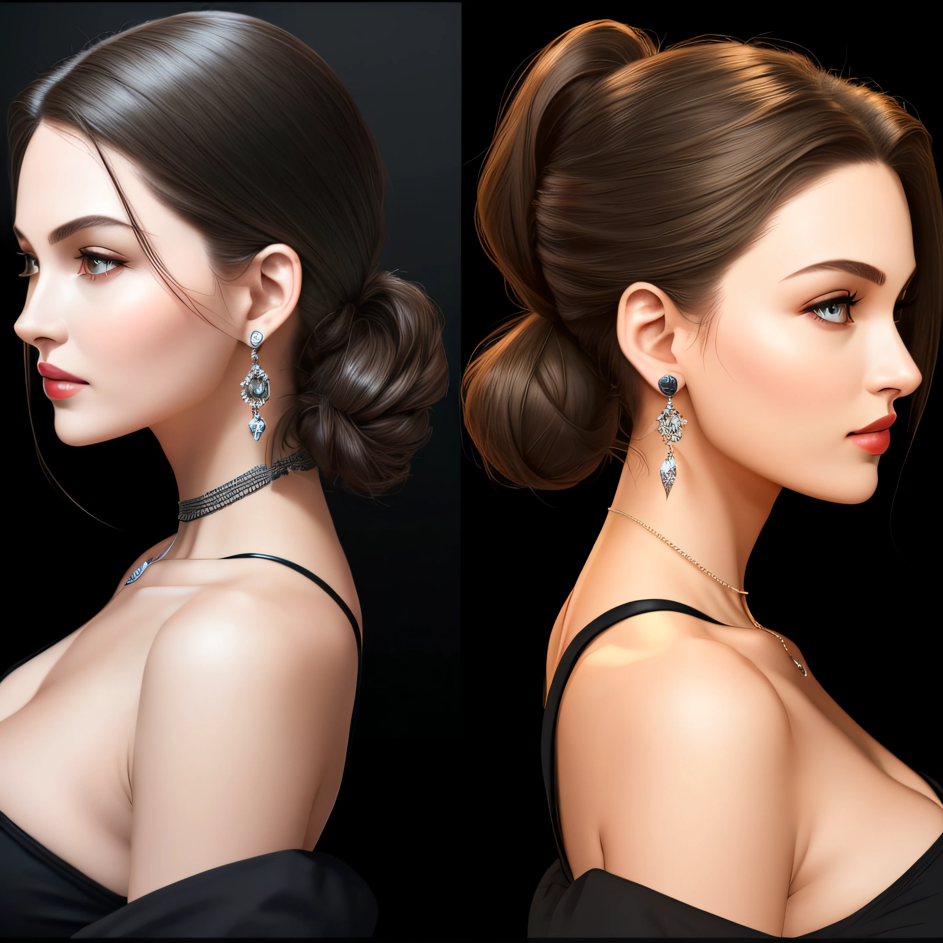 (Same character, from the front side, From the side Side)，Close-up one（（Amazing））woman，Thin black necklace，4K，high high quality，tmasterpiece，aethereal，（staring right into camera：1.4），realistic skin textures，（Moisturize and plump lips），s the perfect face，high ponytails，Seductive eye，Raised sexy,(((multiple views of the same character)))，three sided view