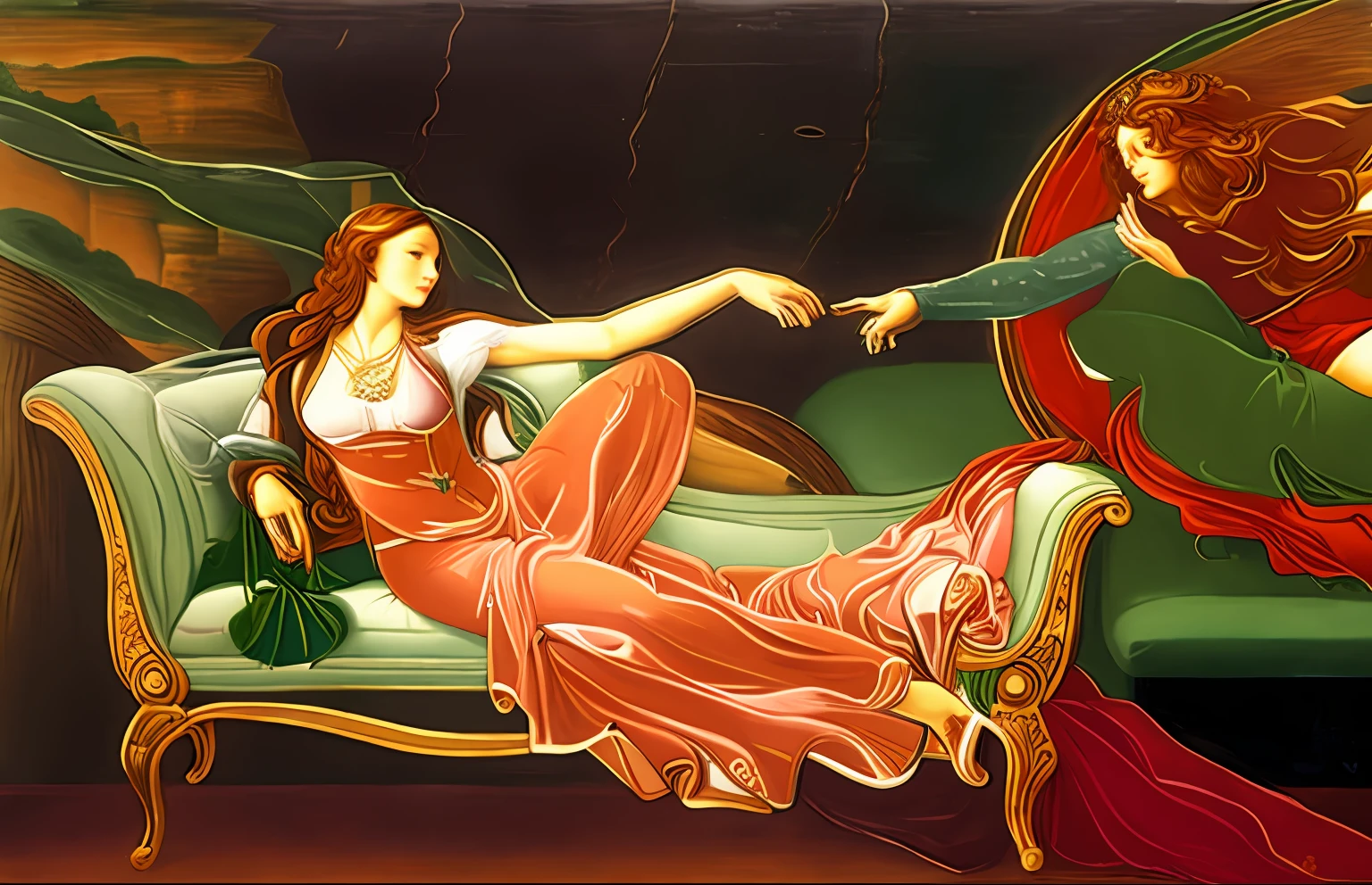 painting of a woman sitting on a couch with a man reaching out to her, in style of sandro botticelli, sandro botticelli style, botticelli style, inspired by Evelyn De Morgan, the creation of adam, art noveau fresco, in a style combining botticelli, creation of adam, inspired by Sandro Botticelli