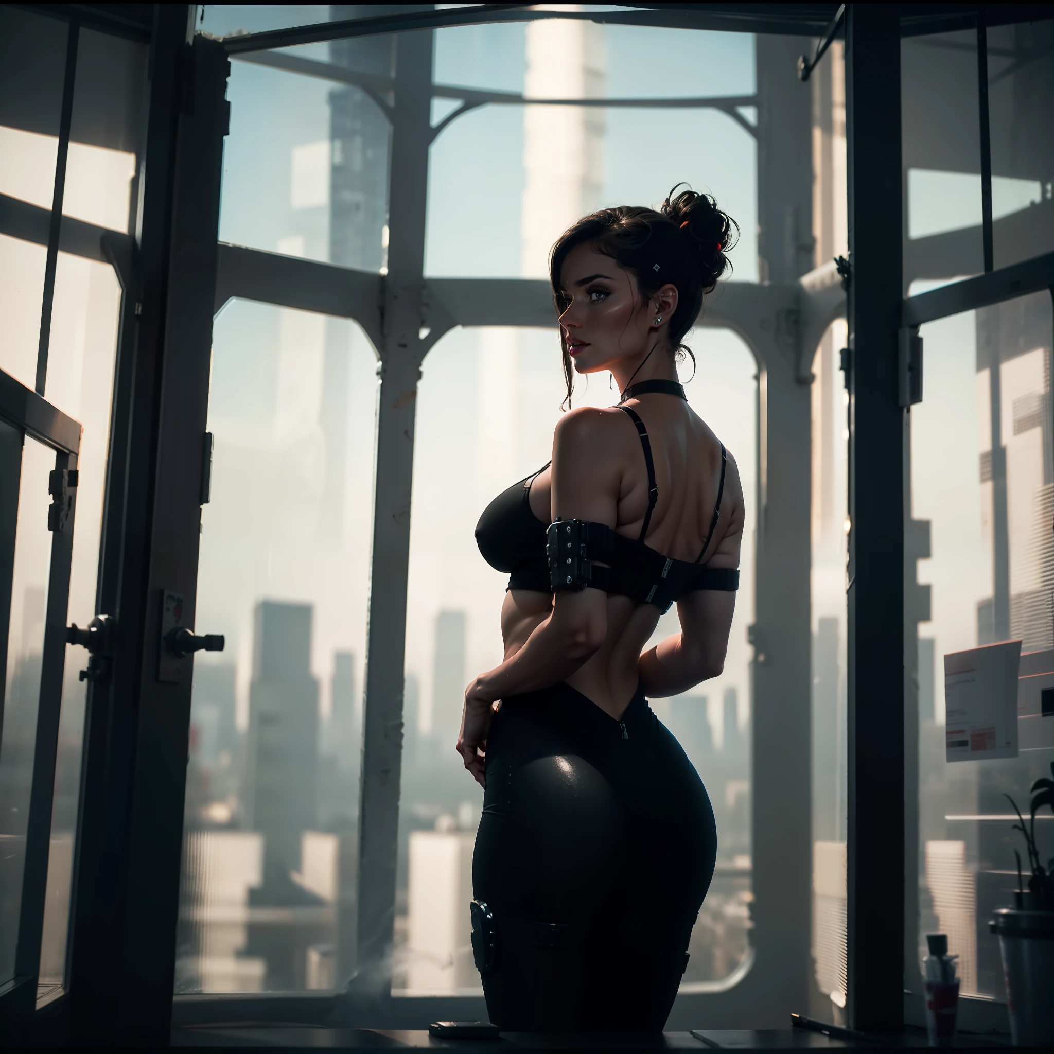 Dystopian, [sci-fi], High Detail RAW color Photo, Full Shot, rear angle, of (cute female arterial intelligence, wearing see-through white chemise), outdoors, standing, on overlook, looking out at sprawling cyberpunk city skyline), toned physique, large ass, (pale skin), perfect face, seductive look, (cybernetic implants:1.2), (augmentations), (cyborg:1.1), (detailed skin, diffused skin pores), silicone, metal, (highly detailed, fine details, intricate), (lens flare:0.5), (bloom:0.5), smog, dust, (badlands:0.8), (observitory:0.7), raytracing, specular lighting, shallow depth of field, photographed on a Sony Alpha 1, EF 85mm lens, f/2.8, hard focus, smooth, cinematic film still, [Cyberpunk:Orwelian:12]