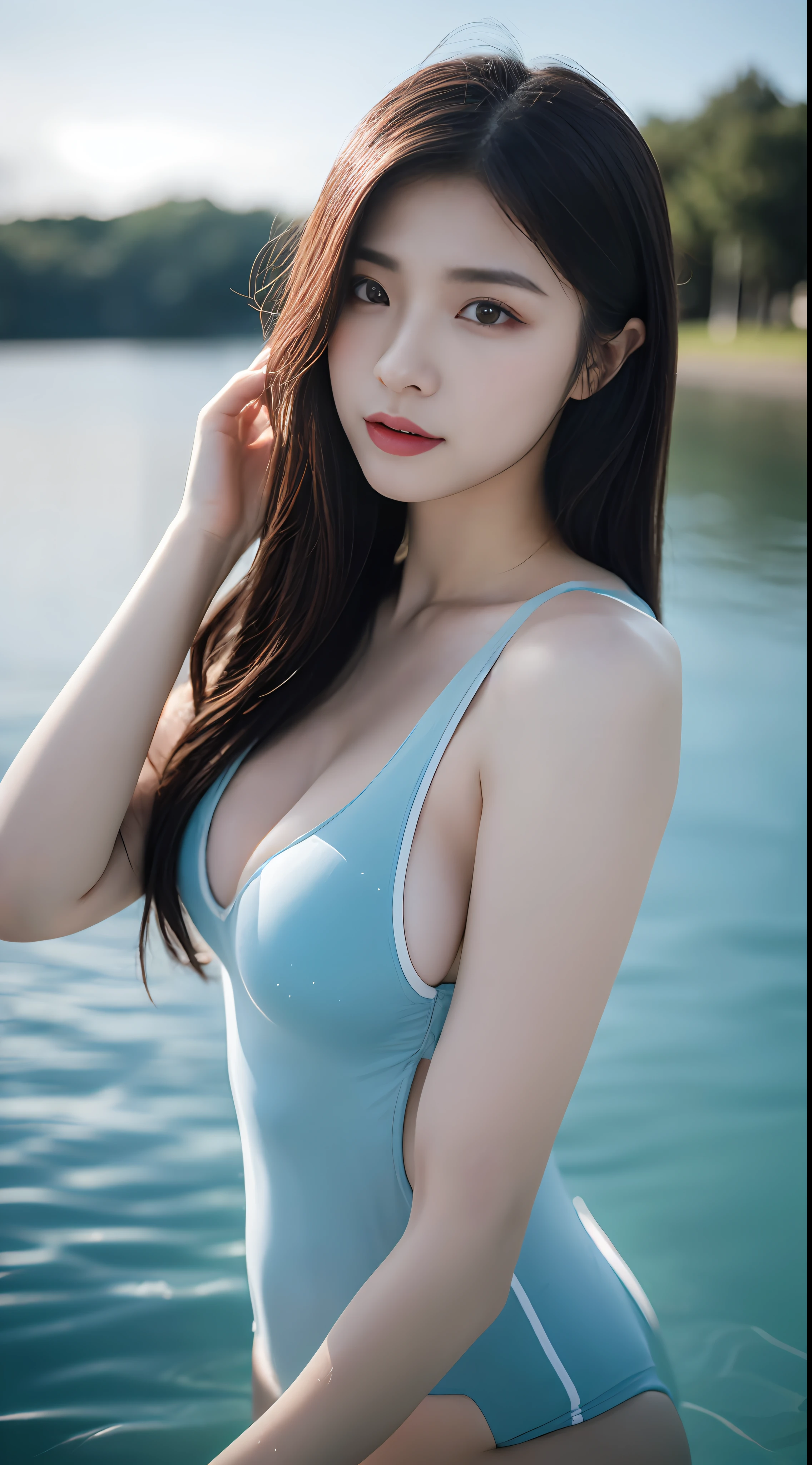 8K, Super realistic photos stunning anthropomorphic female dragon beautiful gorgeous, wearing a swimming wear, Located by the lake, White hair, Wavy hair, Ultra-radiant skin, Wet_skin, The stunning composition evokes a sense of admiration, Ultra-realistic and ultra-detailed, Excessive emotionality, Epic cinematic lighting, 32K Ultra HD resolution, Shot on the Hasselblad H6D 400c multi-shot, Midacom Speedmaster 35mm f 1. 2 XCD --Style Expressiveness --ar 1:2 --upanime --niji 5 --q 3
