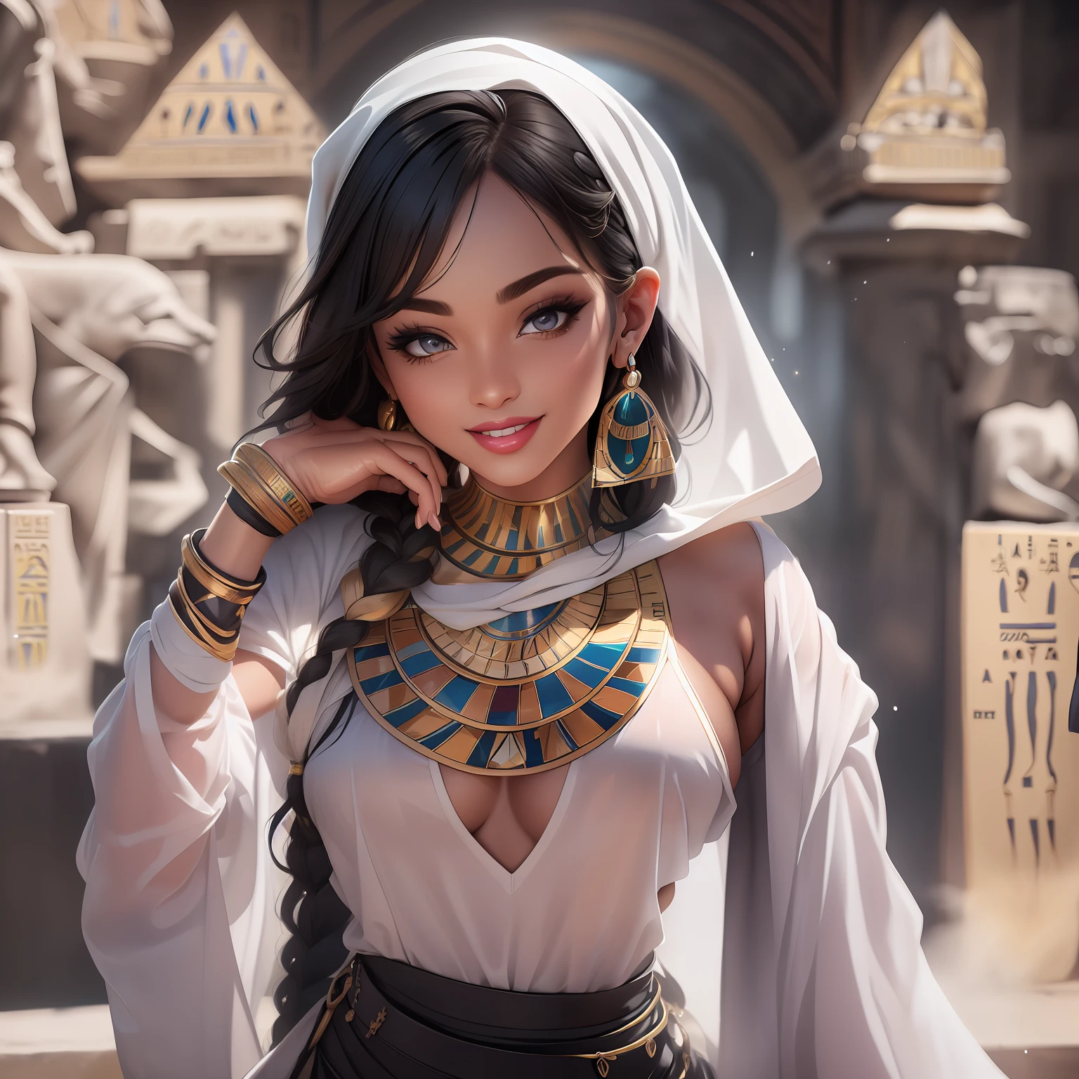 (((Egyptian))), white headscarf, wax,1girl, solo, breasts, looking at the viewer, smile, large breasts, black background, jewelry, braid, black hair, straight hair, earrings, twin braids, striated hair, clothing cutout, makeup, lipstick, mole under the mouth, shadow (realistic: 1.2), (realism), (masterpiece: 1.2), (best quality), (ultra detailed), (8k, 4k, intricate), (full-body-shot: 1), (85mm), light particles, lighting, (highly detailed: 1.2), (detailed face: 1.2), (gradients), sfw, colorful,(detailed eyes:1.2)(detailed background),detailed landscape, (dynamic angle:1.2), (dynamic pose:1.2), (rule of third_composition:1.3), (line of action:1.2)